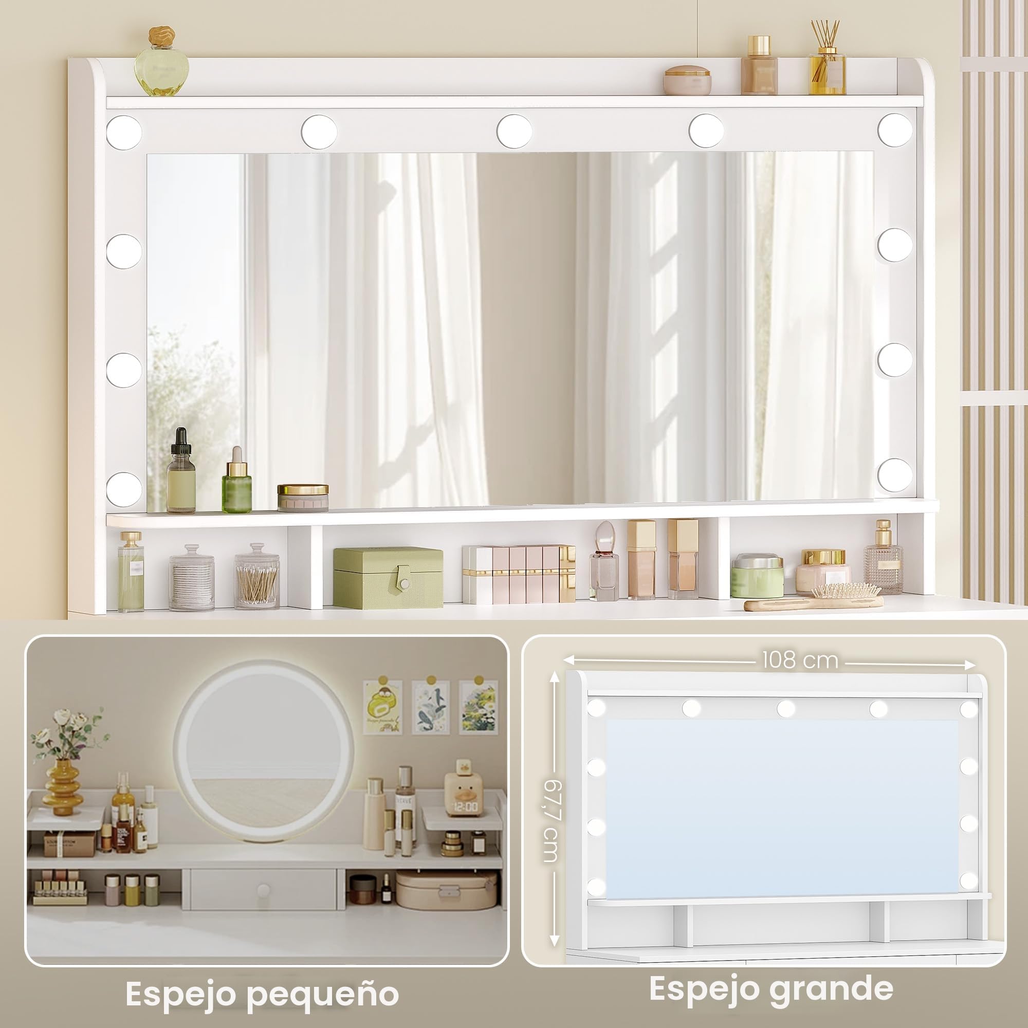 HEXCELEN 108 cm Tocador con Espejo Grande, Tocador de Maquillaje con Luz LED, Mesa de Maquillaje con 6 Cajones y Compartimento de Almacenamiento Lateral Abierto, Blanco