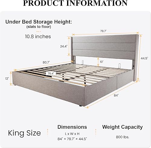 Miniatura 2 de SHA CERLIN Cama de almacenamiento elevable cabecera con respaldo alado marco de cama tapizado no necesita somier soporte de listones de madera beige