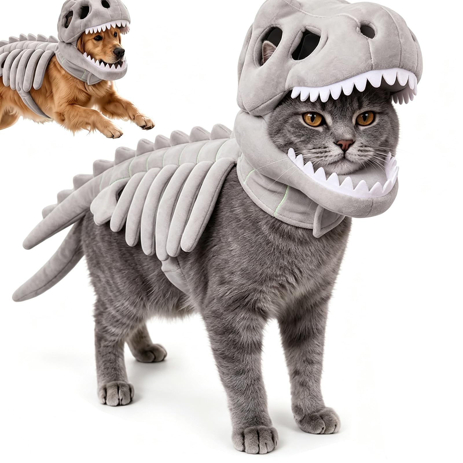 Cat Saur Costume, Cat Skeleton Costume, 𝐂𝐚𝐭/Dog Realistic 3D Halloween, For Pet, Hallowee Dino Pet Outfit (Gray*Fluorescence*L)