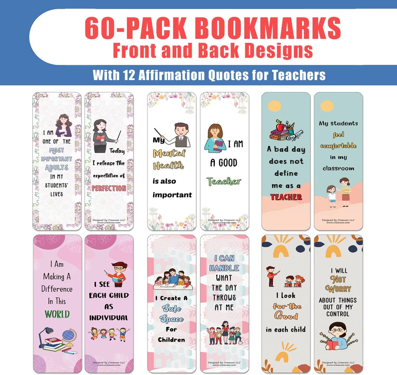 Creanoso Affirmations Bookmarks for Teachers (60-Pack) – Daily Inspirational Card Set – Interesting Book Page Clippers – Great Gifts for Teachers