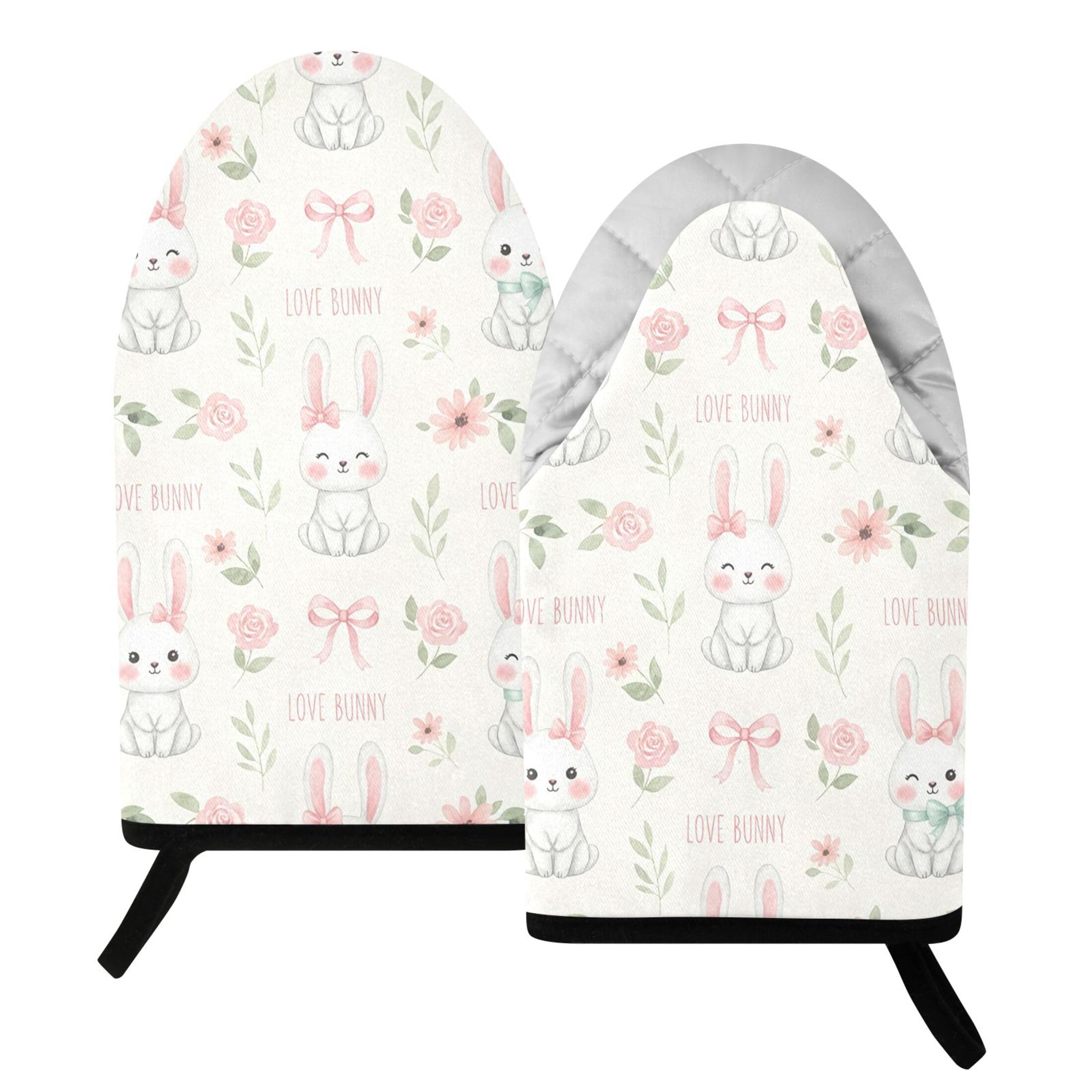Kutsu Bunny Oven Mitts for Kitchen, Heat Resistant Cotton Oven Gloves for BBQ Baking Cooking, Breathable Kitchen Essentials, 2 pcs