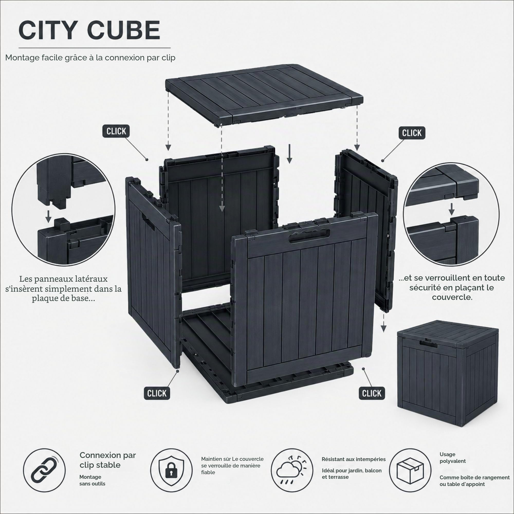 Ondis24 City Cube Boîte en Plastique 110 L Anthracite 55 x 43 x 53 cm