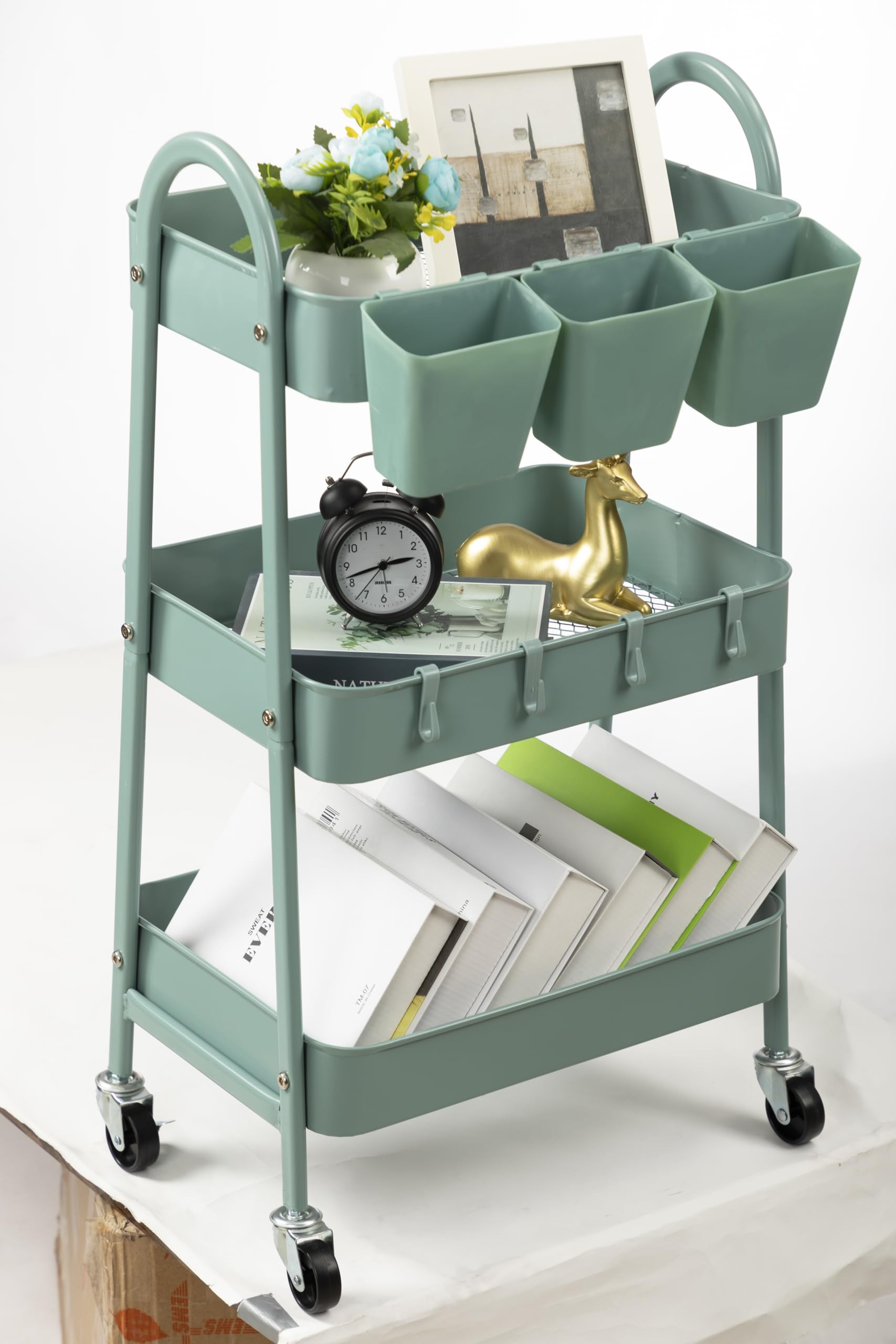 danpinera 3-Tier storage trolley, Metal storage cart with Lockable Wheels & Hanging Cups & Hooks, storage trolley on wheels for bathroom, kitchen, craft, beauty, Green