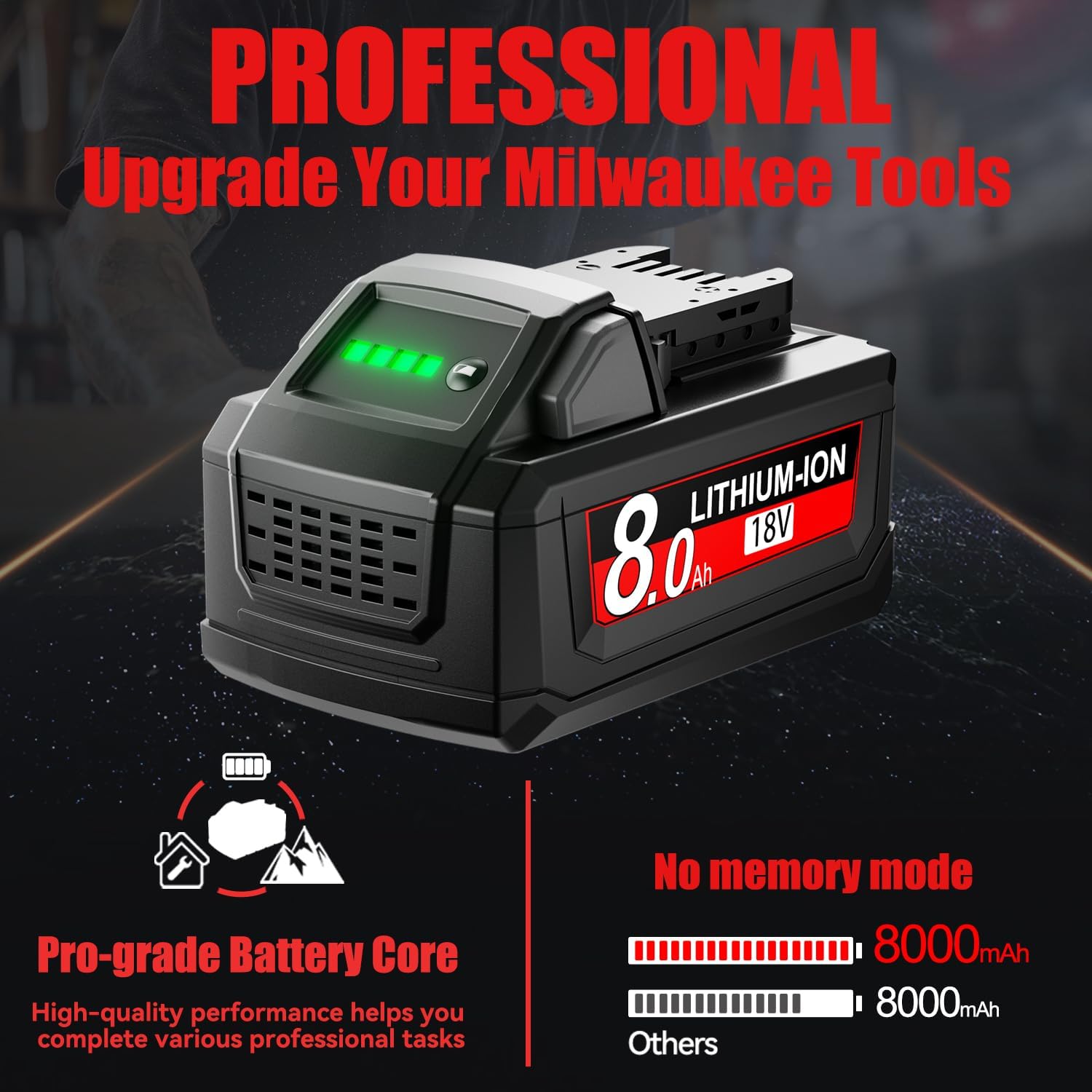 Replacement for Milwaukee M18 Battery Lithium XC 8.0Ah Compatible with Milwaukee 18V 48-11-1815 48-11-1820 48-11-1840 48-11-1850 48-11-1860 Cordless Tools Garage Outdoor Professional 2pack - Image 2