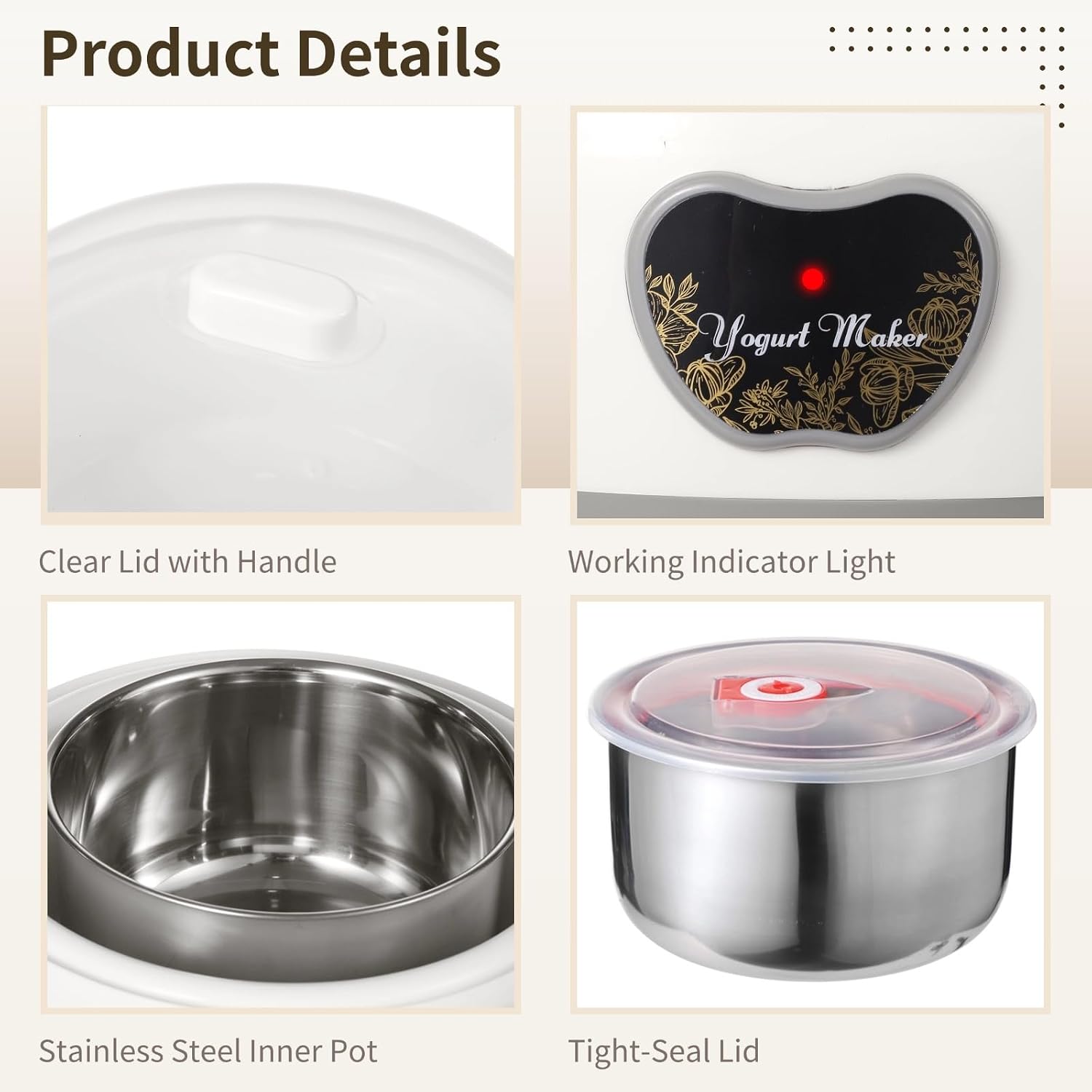 Five Tight Seal Glass Jars with Auto Constant Temperature, Home Yogurt Machine, 1.2 L Automatic Stainless Steel Yogurt Maker of 15W with Heating, Yogurt Machine for Healthy Present