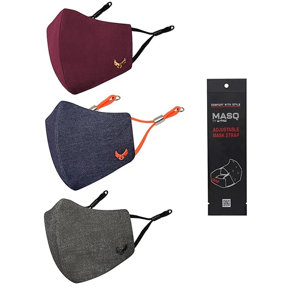 MASQ By Q-One Wings 4 Layer, Reusable, with Ear Adjusters, Anti-Bacterial (BFE>99%) Cotton Cloth Face Mask for Men, Boys (Maroon-Black-Grey-Denim-Navy)