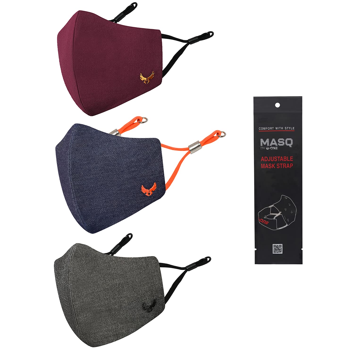 MASQ By Q-One Wings 4 Layer, Reusable, with Ear Adjusters, Anti-Bacterial (BFE>99%) Cotton Cloth Face Mask for Men, Boys (XL, Multicolor, Pack of 3), Without Valve