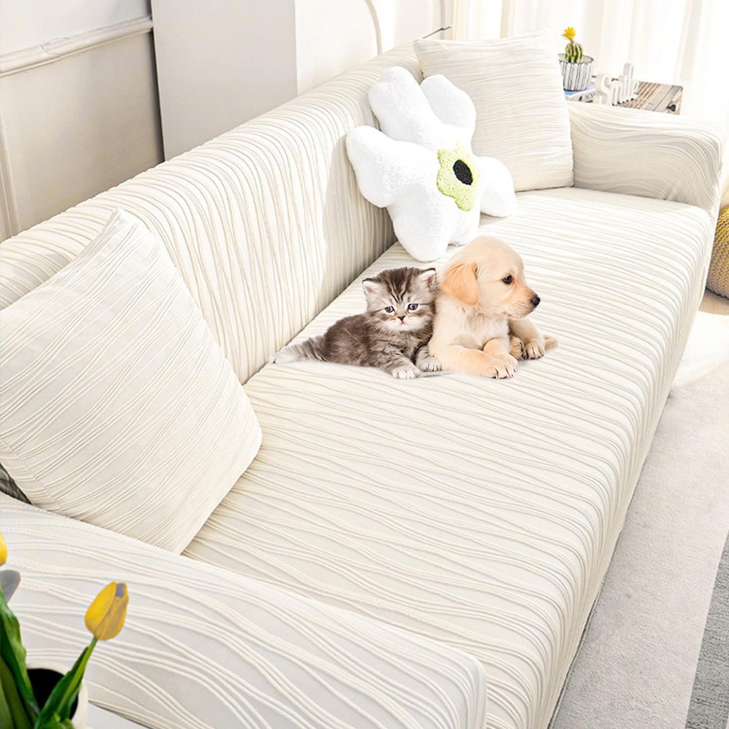 Housse de canapé élastique extensible verte grand canapé 5 coussins et pouf