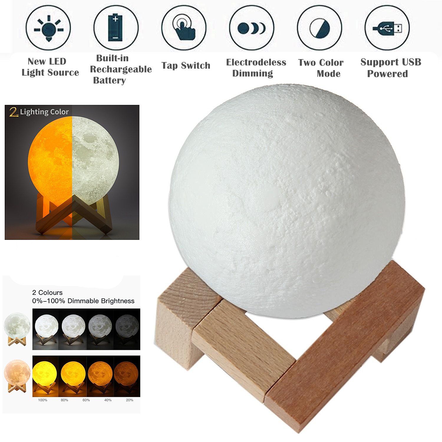 Morbuy LED Noche Proyección 3D Luna, Lámpara de Noche Realista 3D Impresión Recargable Control táctil Luminosidad Dos Tonos con Estante de Madera (20cm /7.87inch)