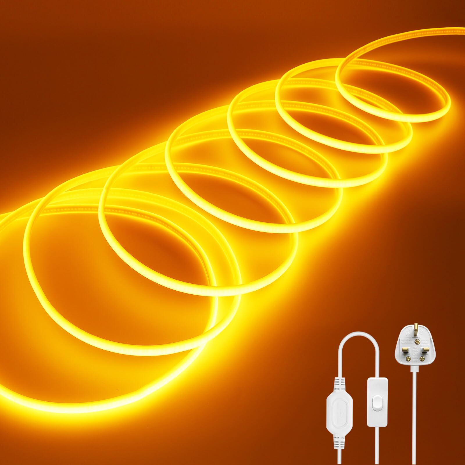 Wisada 220V COB LED Neon Light Strip with On/Off [10m, Yellow], IP65 Waterproof Flexible，288 LEDs/m Cuttable FCOB LED Rope Light, DIY Design, Home Store Decorative Light Strip