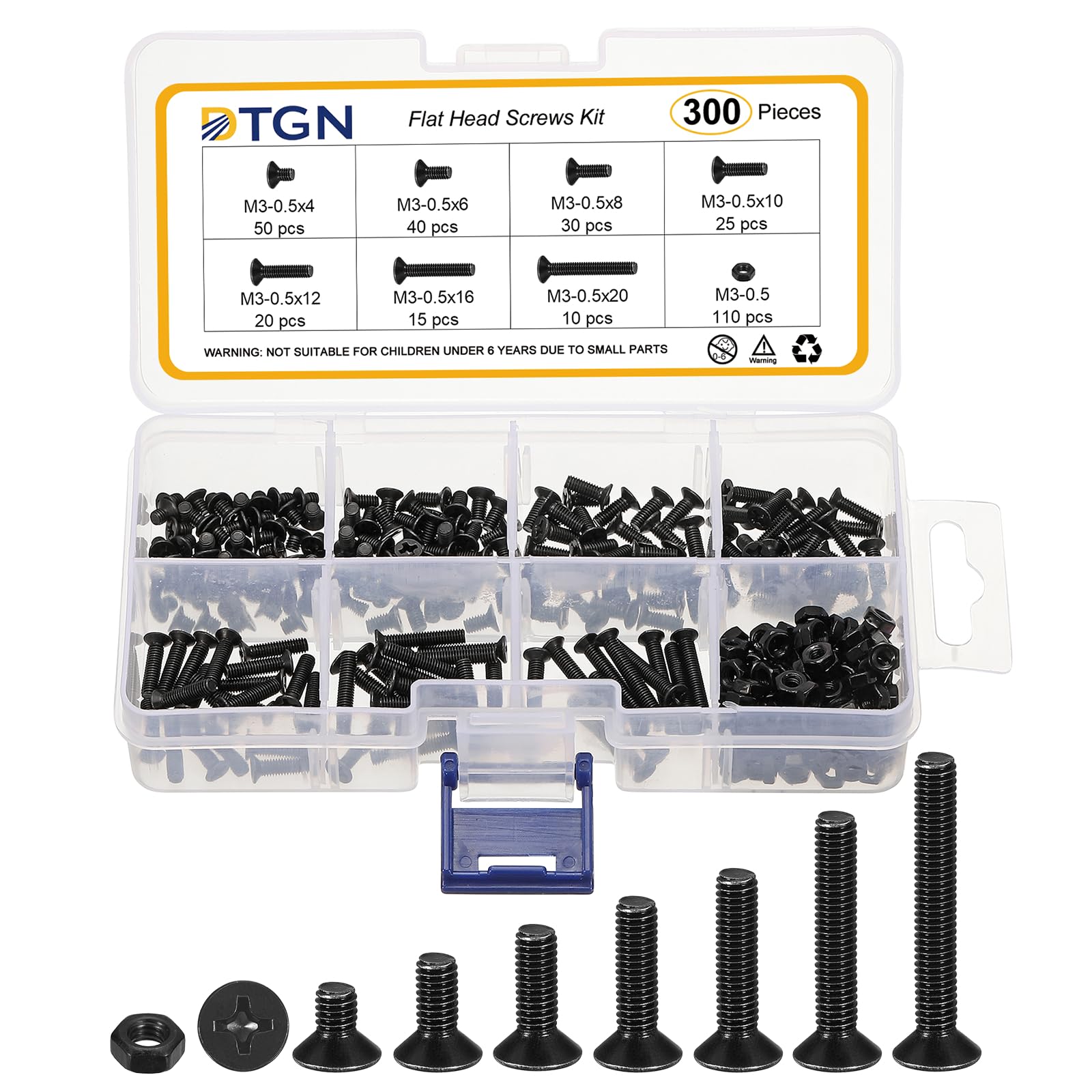DTGN M3-0.5x4/6/8/1/12/16/20 Flat Head Nuts and Bolts Assortment Kit - 300pcs - Good for Electronics and Machinery - Carbon Steel Phillips Countersunk Machine Screws Set - Black