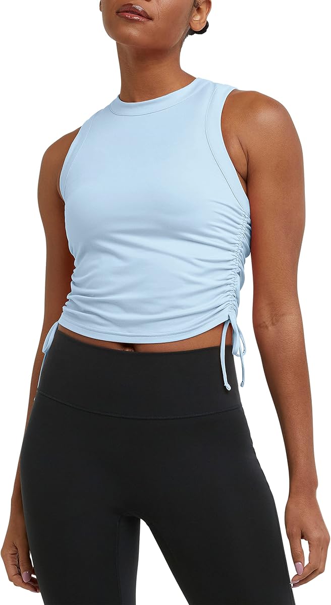 Champion Camiseta sin mangas para mujer, suave al tacto, absorbe la humedad, camiseta sin mangas fruncida con cordones