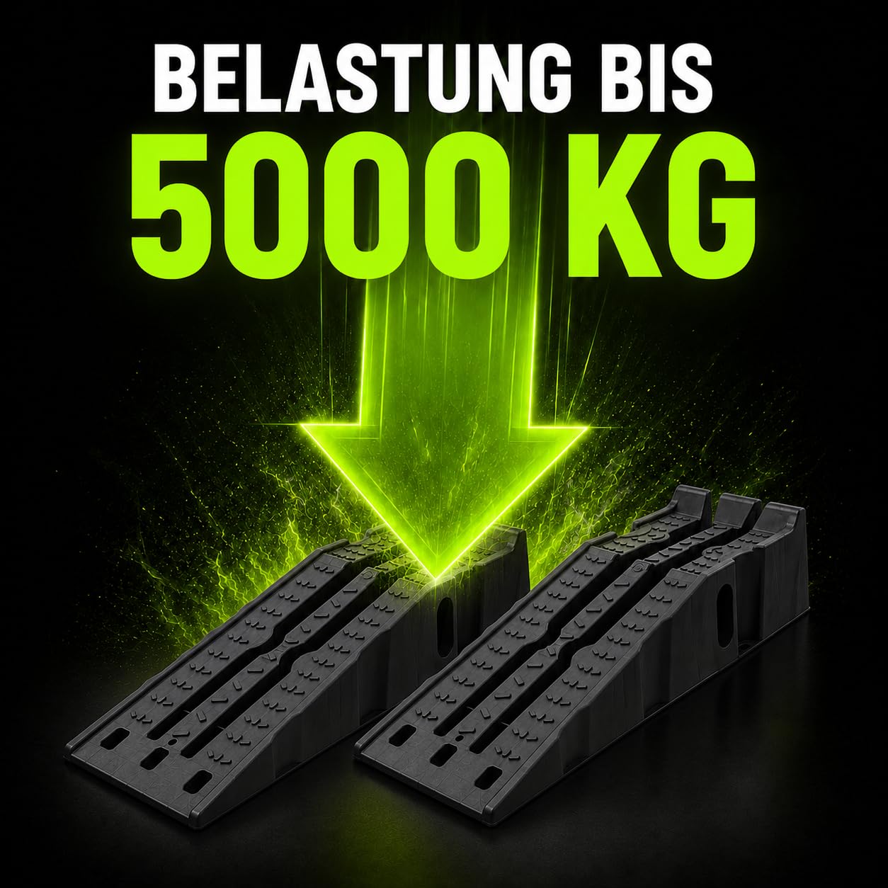 Auffahrrampe 2er Set, Fahrzeugrampe max. 5000 kg | 90,5 x 30,5 x 21,6 cm | mit Radstopper, Gummifüßen, Trageöffnungen & profilierter Auffahrfläche | Autorampe, KFZ Rampe für Werkstatt, Garage