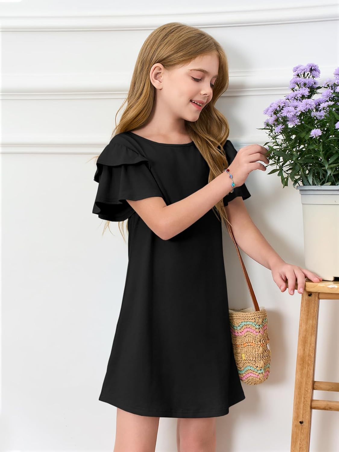 Haloumoning Girls Ruffle Sleeve Dresses Kids Summer Crewneck A Line Casual Dress 5-14 Years - Image 4