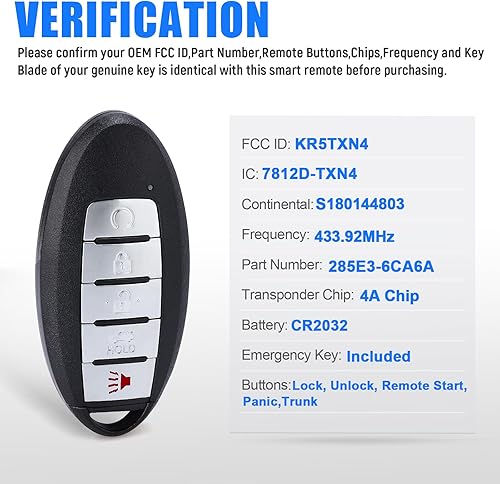 Miniatura 3 de Reemplazo remoto inteligente de la llave del coche de entrada sin llave 433MHz 4A chip para Nissan Altima Sentra Versa KR5TXN4 S180144803 5 botones