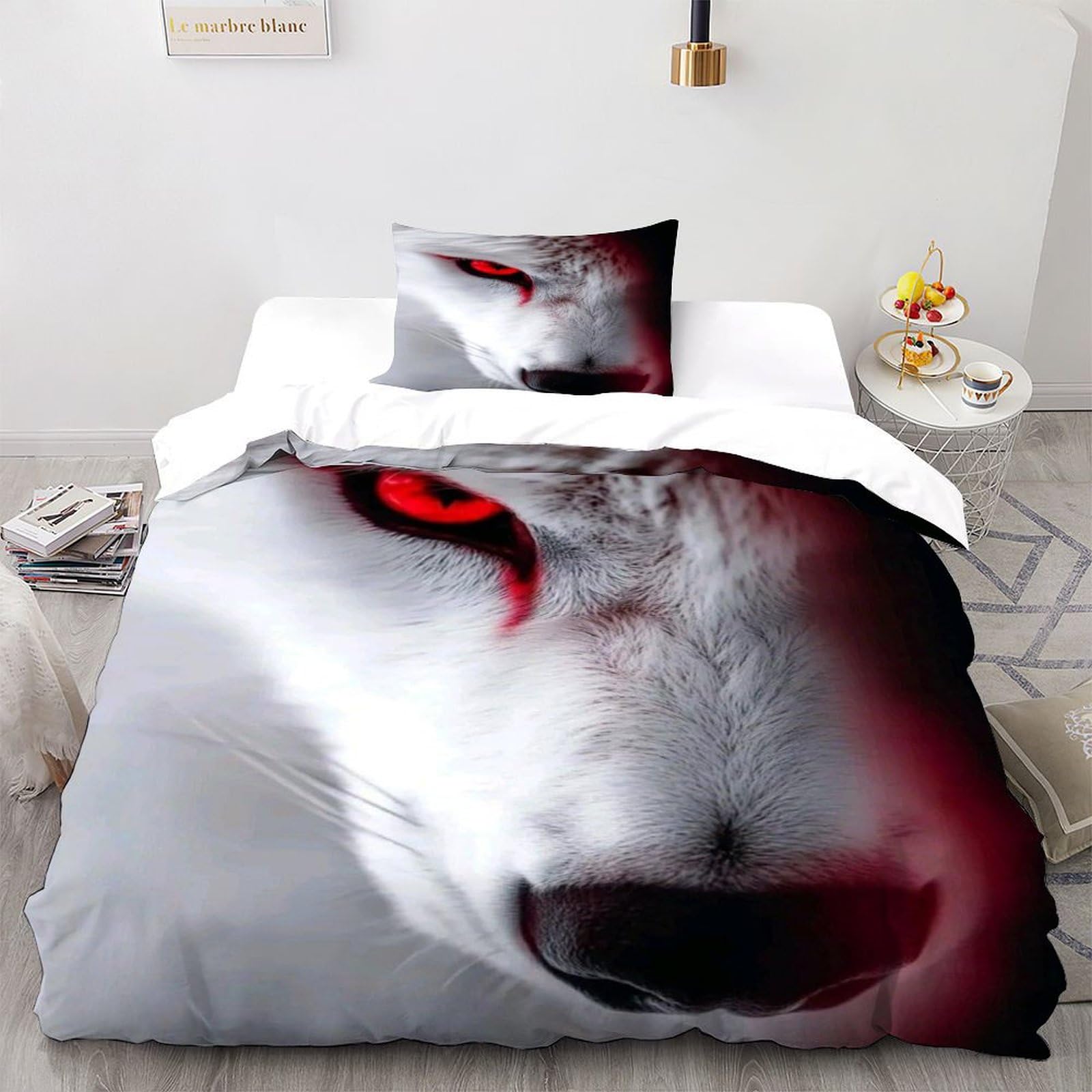 Parure de lit loup blanc aux yeux rouges 135x200cm pour lit simple avec housse et taie