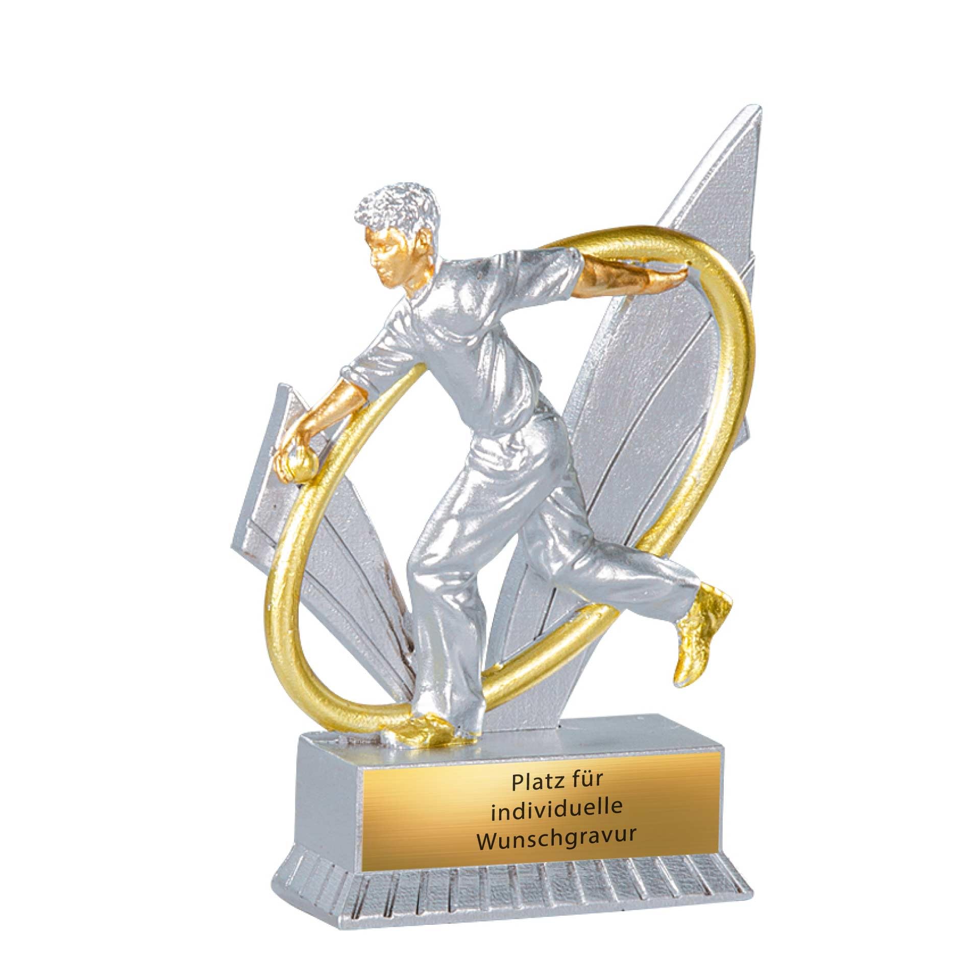 Trophée de pétanque XS de 12 cm | Joueur de pétanque en trophée | Prix Boccia Award | Prix de Bouleturnier | Joueur avec boule de pétanque argenté/doré | Bosseln Coupe avec texte au choix