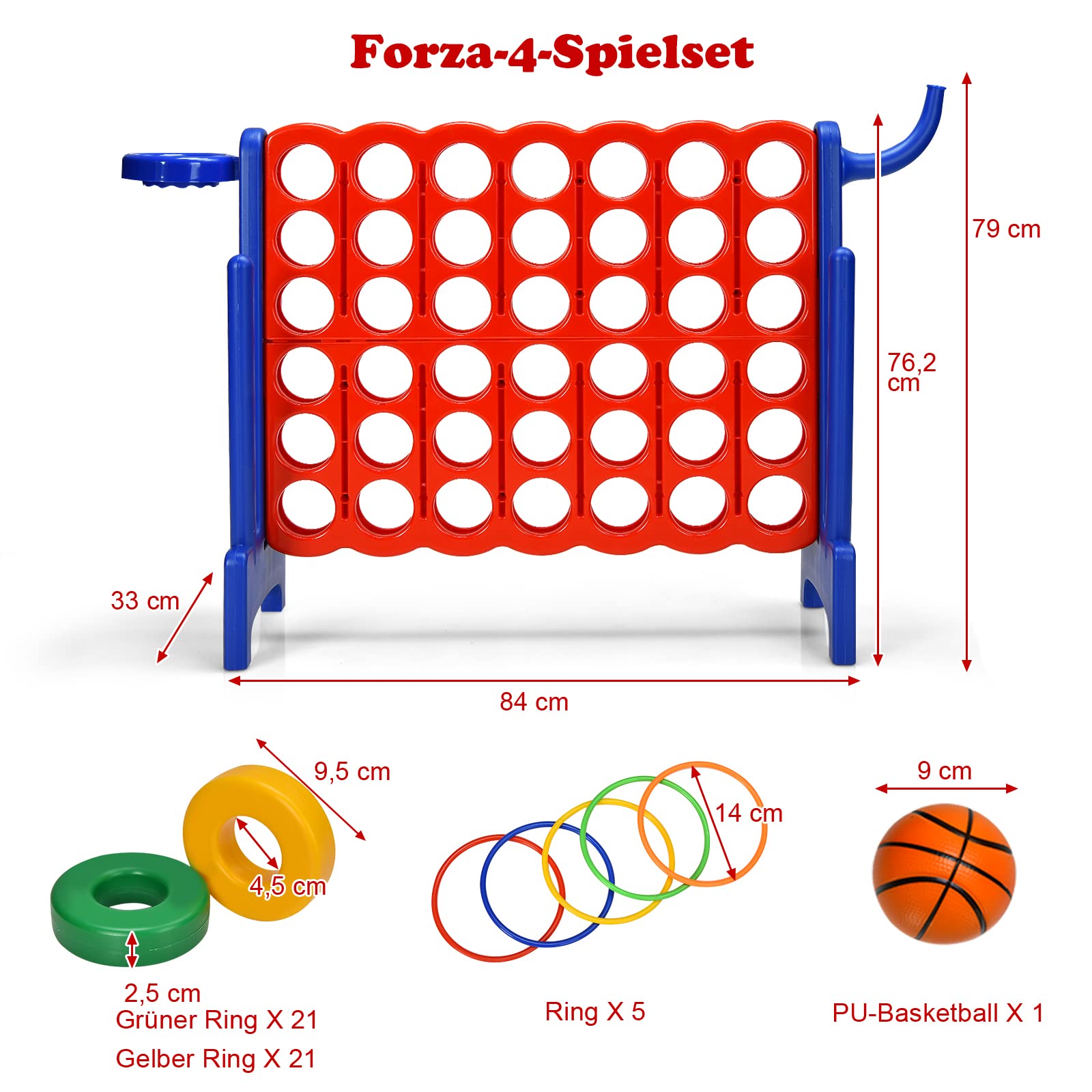 GOPLUS Riesiges 4 Gewinnt Spiel, Strategiespiel mit 42 Ringen, Basketballkorb & Wurfspiel & Schnellspannhebel, 4 in Einer Reihe für Kinder & Erwachsene (Rot + Blau)