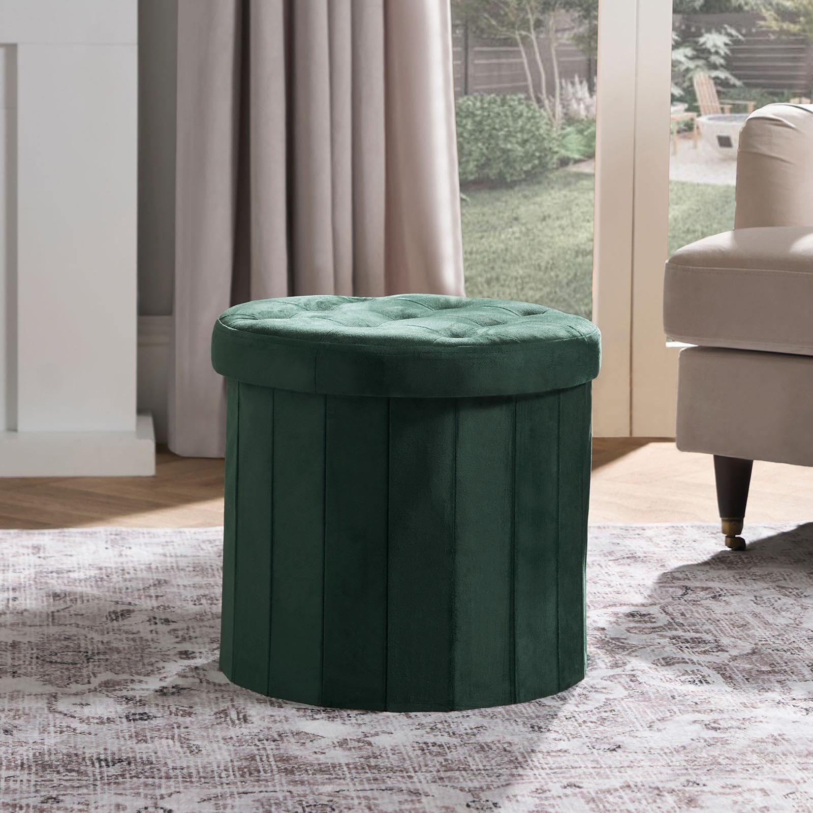 OHS Round Ottoman Storage Box Matte Velvet, Forest Green Upholstered Storage Ottoman Footrest with Hidden Storage & Lid For Living Room Bedroom or Entryway, One Size
