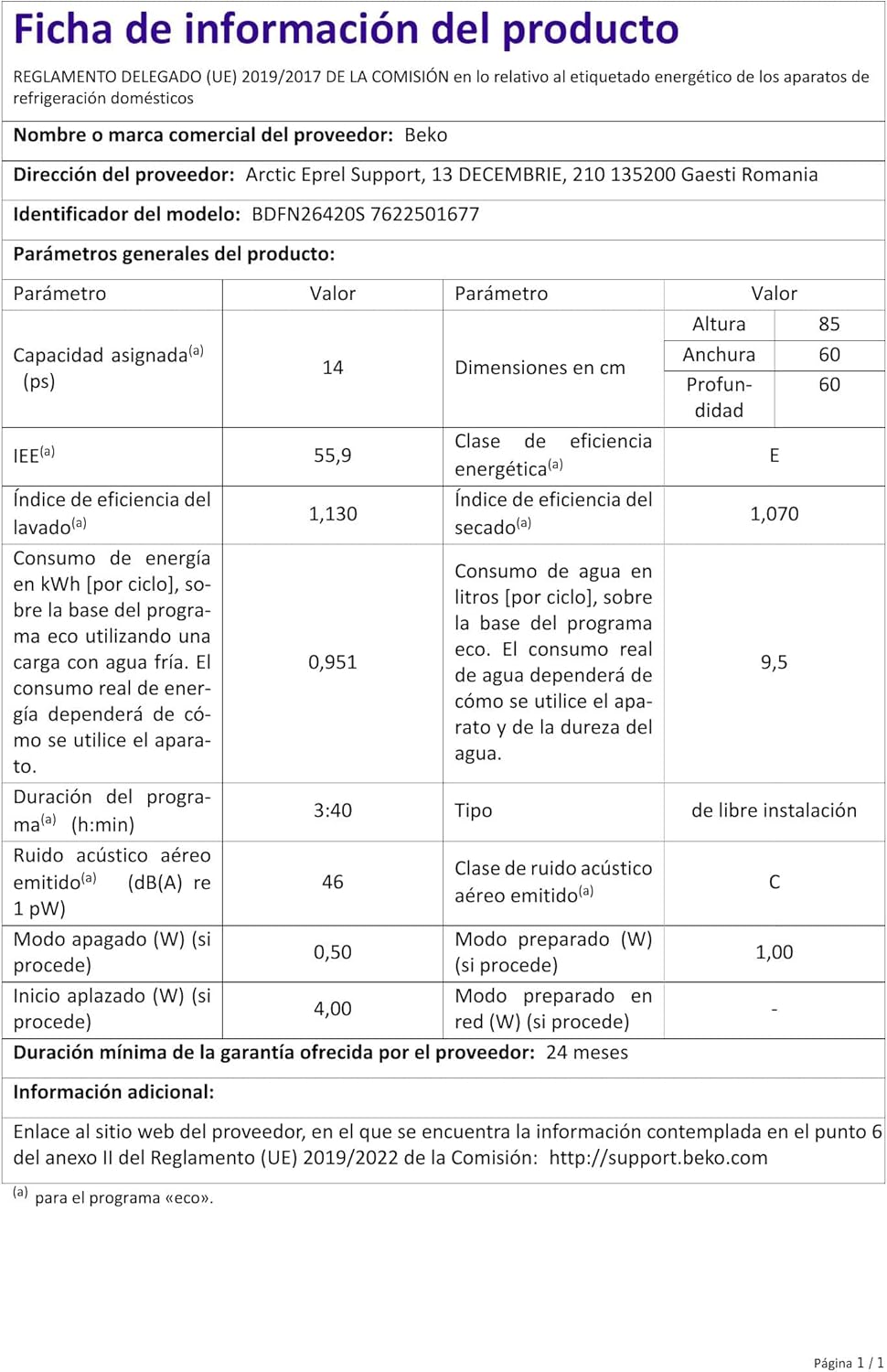 Beko b300 BDFN26420S Freestanding Dishwasher, 14 posizioni, ProSmart Inverter Motore, 6 programmi incl. Automatic [Energy Class E] [Classe di efficienza energetica E]