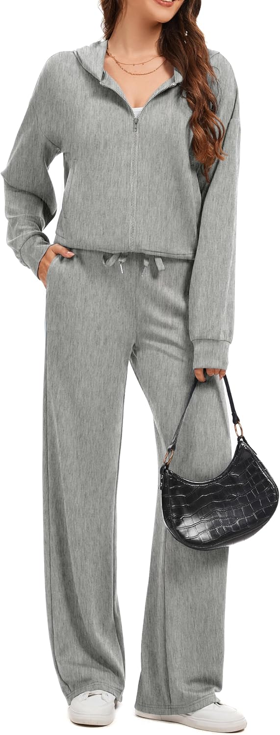 Sixstar Women Two Piece Outfits Sweatsuit Zip Up Sweatshirt Wide Leg Sweatpant Matching Travel Tracksuit Lounge Sets