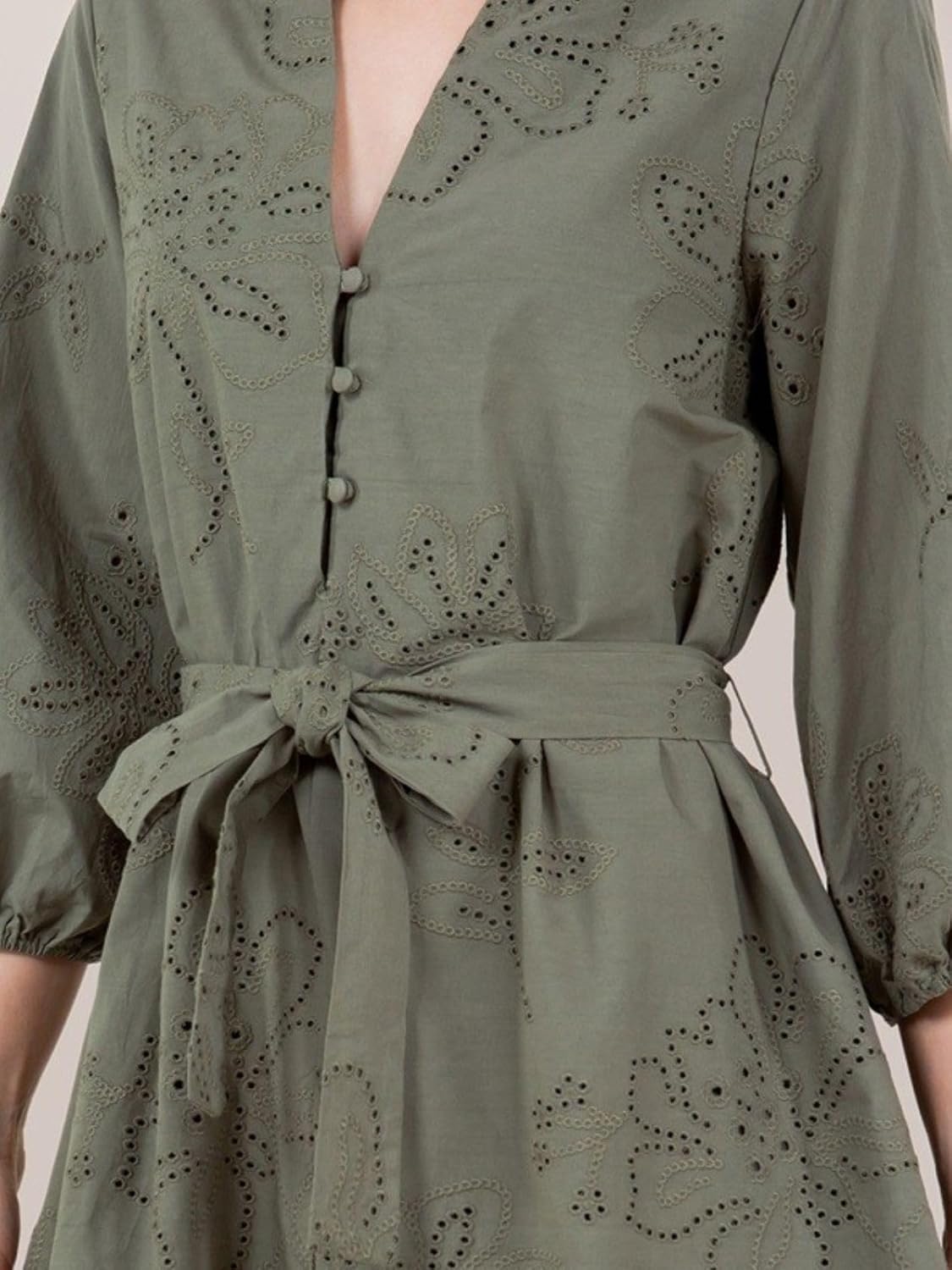 Womens Olive Embroidered Belted Mini Dress Summer Half Button 3/4 Sleeve Eyelet Dress - Image 4