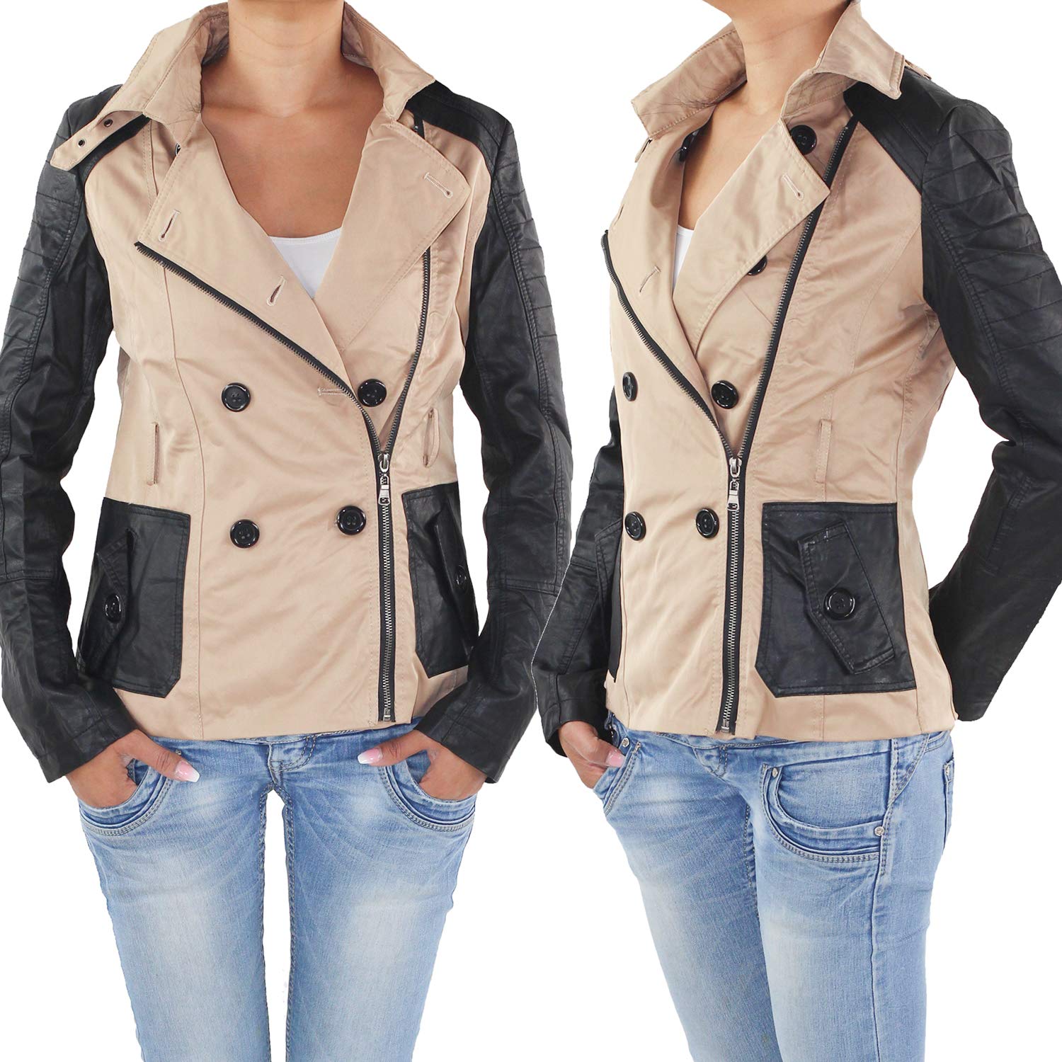 Damen Übergangs Mantel Trenchcoat Jacke Kunstleder Doppelreiher Bikerjacke Jacket Übergangsjacke Parka mit Bindegürtel Beige