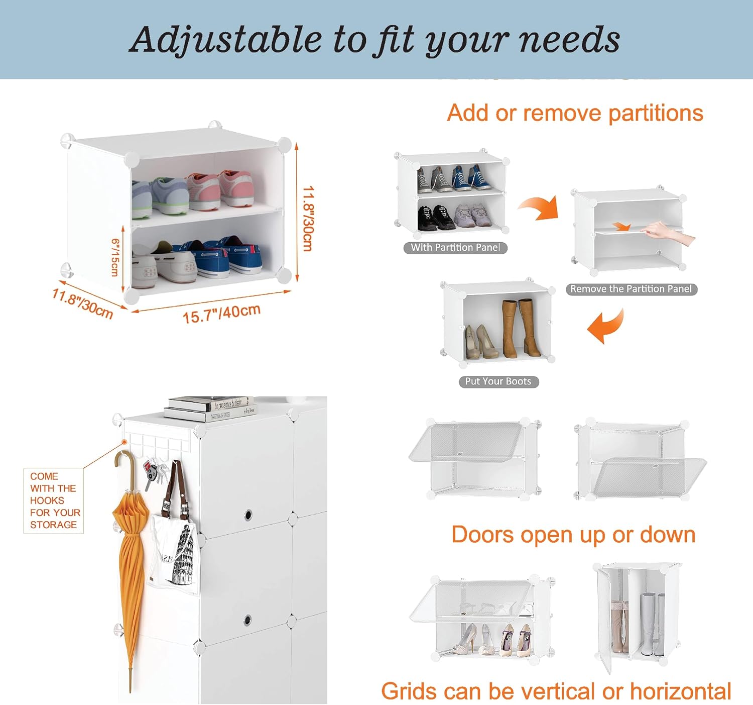 Patented Shoe Racks Organizers Shelves, Floor-Standing, Wall Hanging, Sturdy and extendable. Easy DIY Assembly, for Door Entrance, Closet, and Workplace (3x8Grid, Translucent)