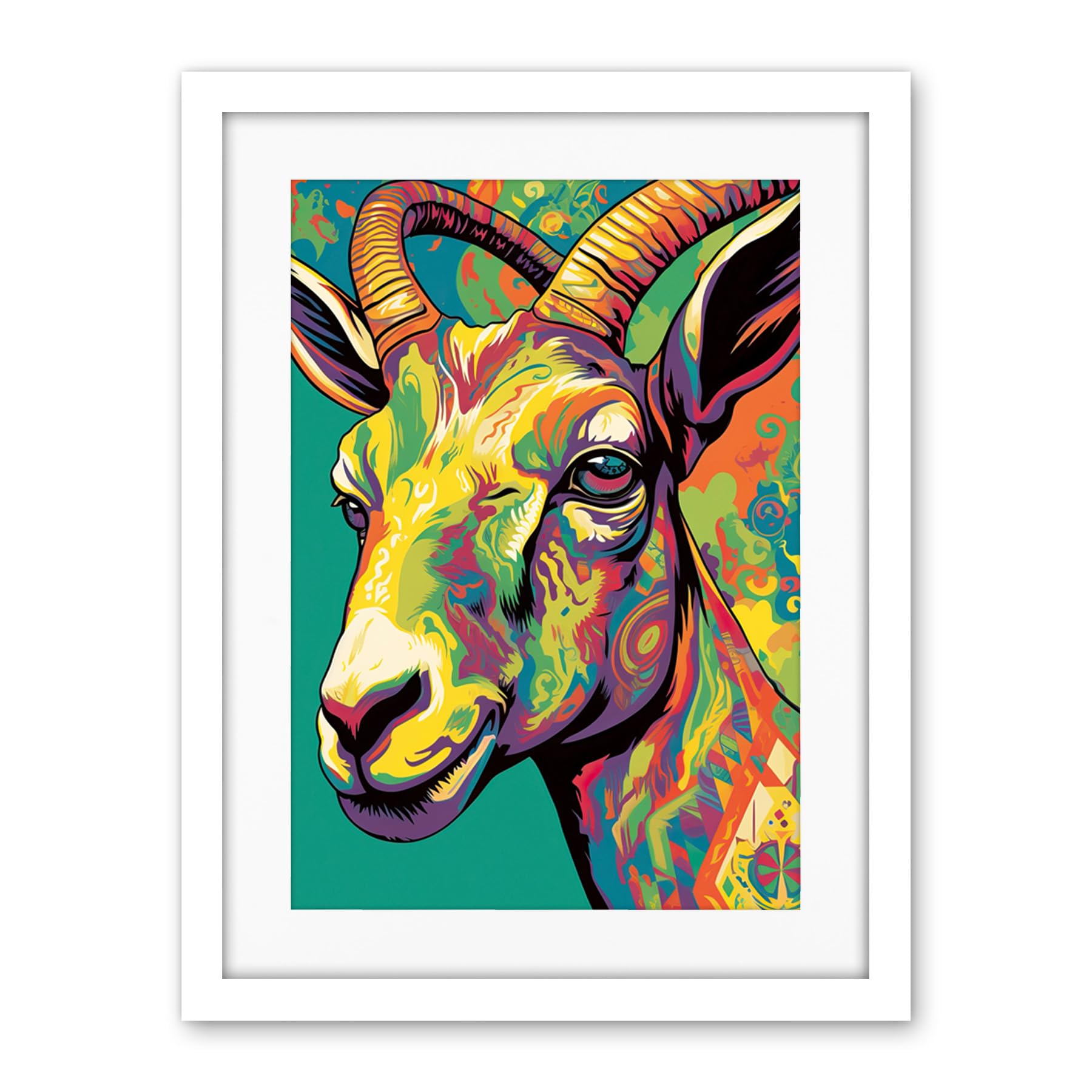 Artery8 The Trippy Goat Psychedelic Portrait Vibrant Colourful Patterns Modern Pop Art Artwork Framed Wall Art Print 18X24 Inch