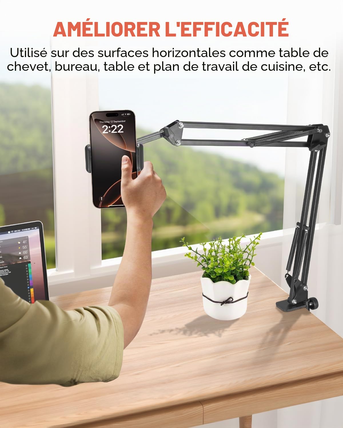 Support de téléphone portable pour lit Bras long flexible pour iPhone 15, 14, Pro Max, SE, 13, 12, 11, X, XS, 8, 7, Galaxy S23, S22, et smartphones de 4 à 7