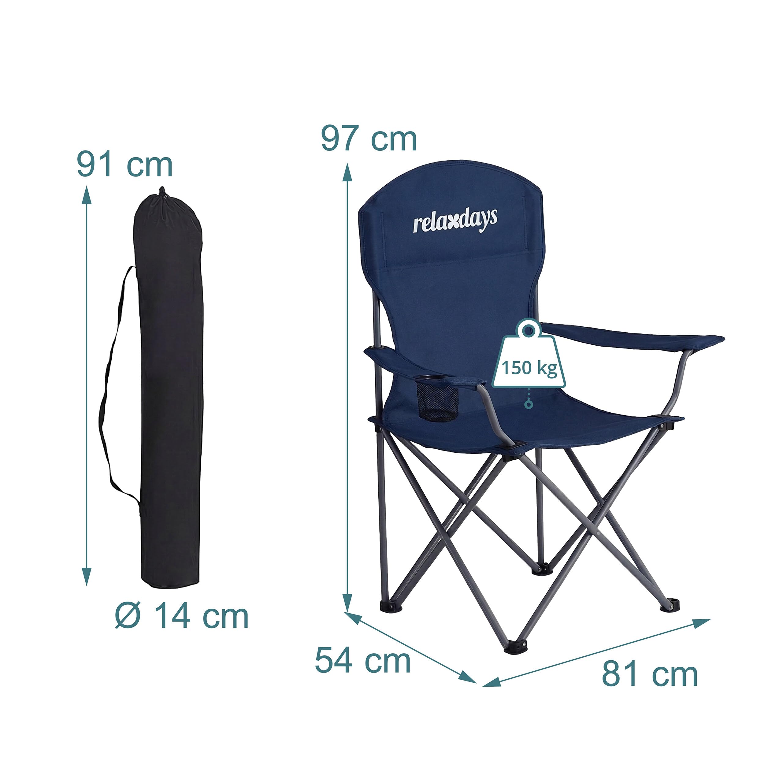 Relaxdays Sedie da Campeggio, Set 2pz, Pieghevoli, Borsa, portabevande, 150 kg, Poliestere, Blu