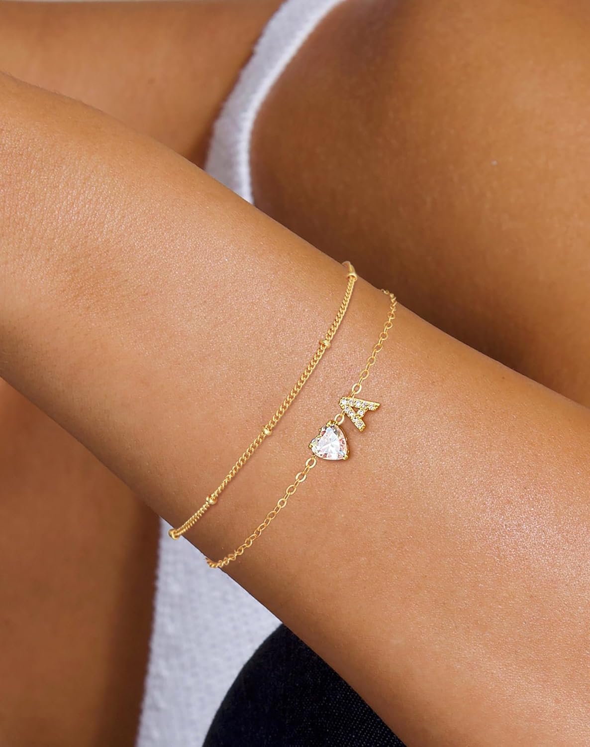 Gold Initial Bracelets for Women Dainty 14K Gold Plated Layered Beaded Bracelets for Women Non Tarnish A-Z Heart Letter Charm Personalized Birthday Gifts - Image 3