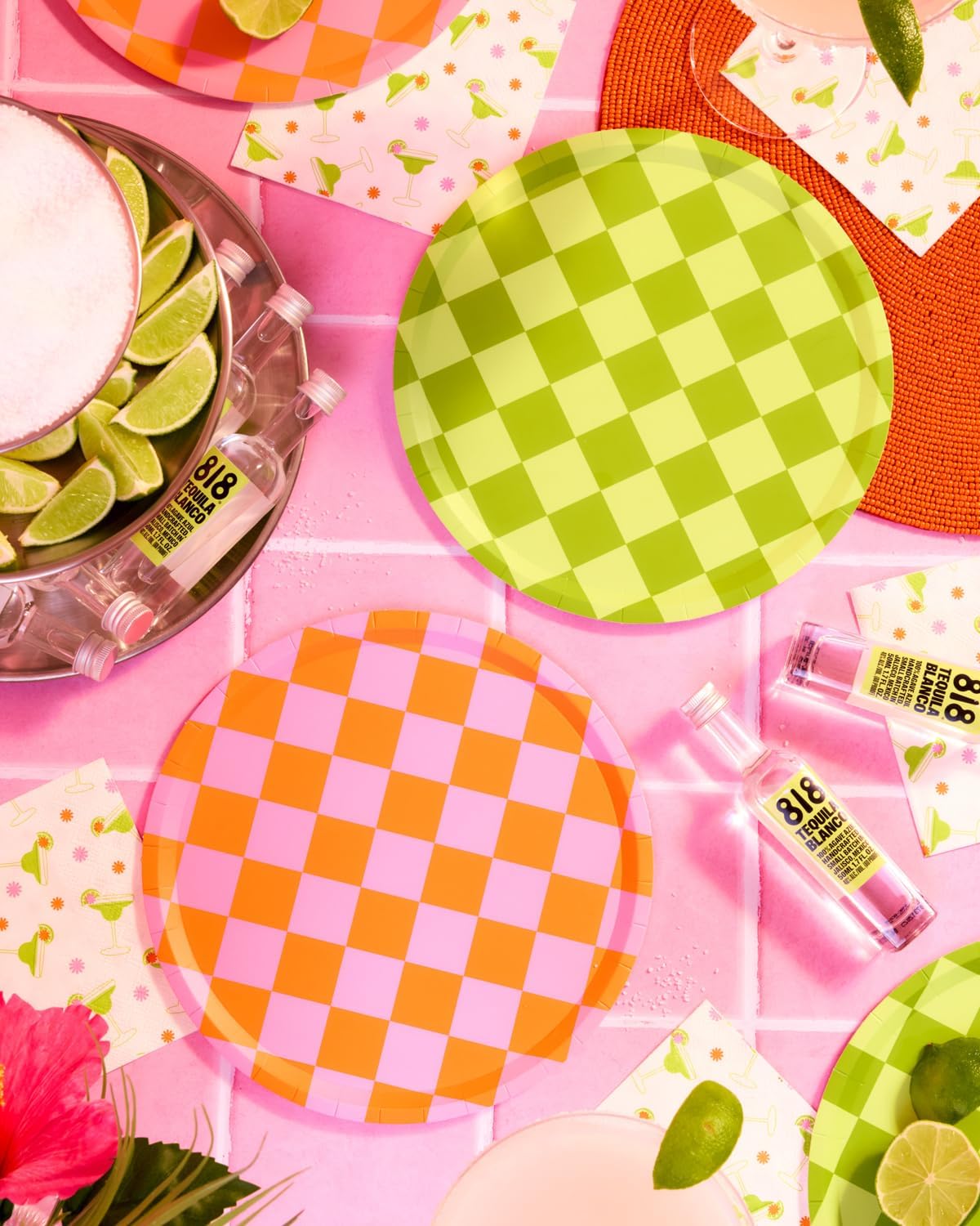 xo, Fetti Pink + Green Checkered Paper Plates - 24 pk, 9" | Bachelorette Fiesta Decorations, Cute Birthday Party Tablescape, Retro Summer Tableware Supplies, Cinco de Mayo Place Setting, 21st Bday