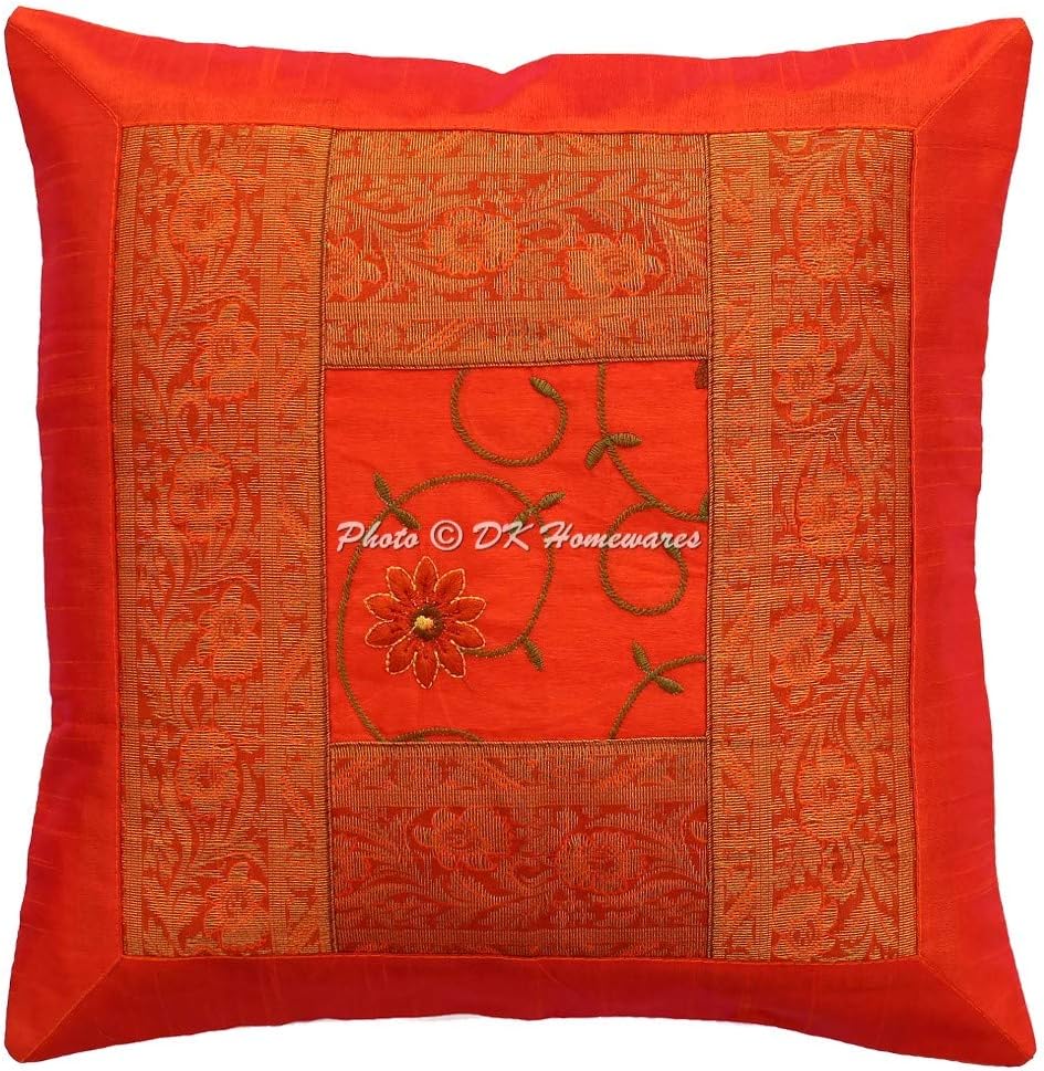 Boho Decorative Accent Throw Pillow Covers 16 Inch Polydupion Embroidered Floral Ethnic Square Sofa Cushion Covers (Size - 40x40 cm ; Color: Orange) - Set of 4 Pcs (Cover Only)