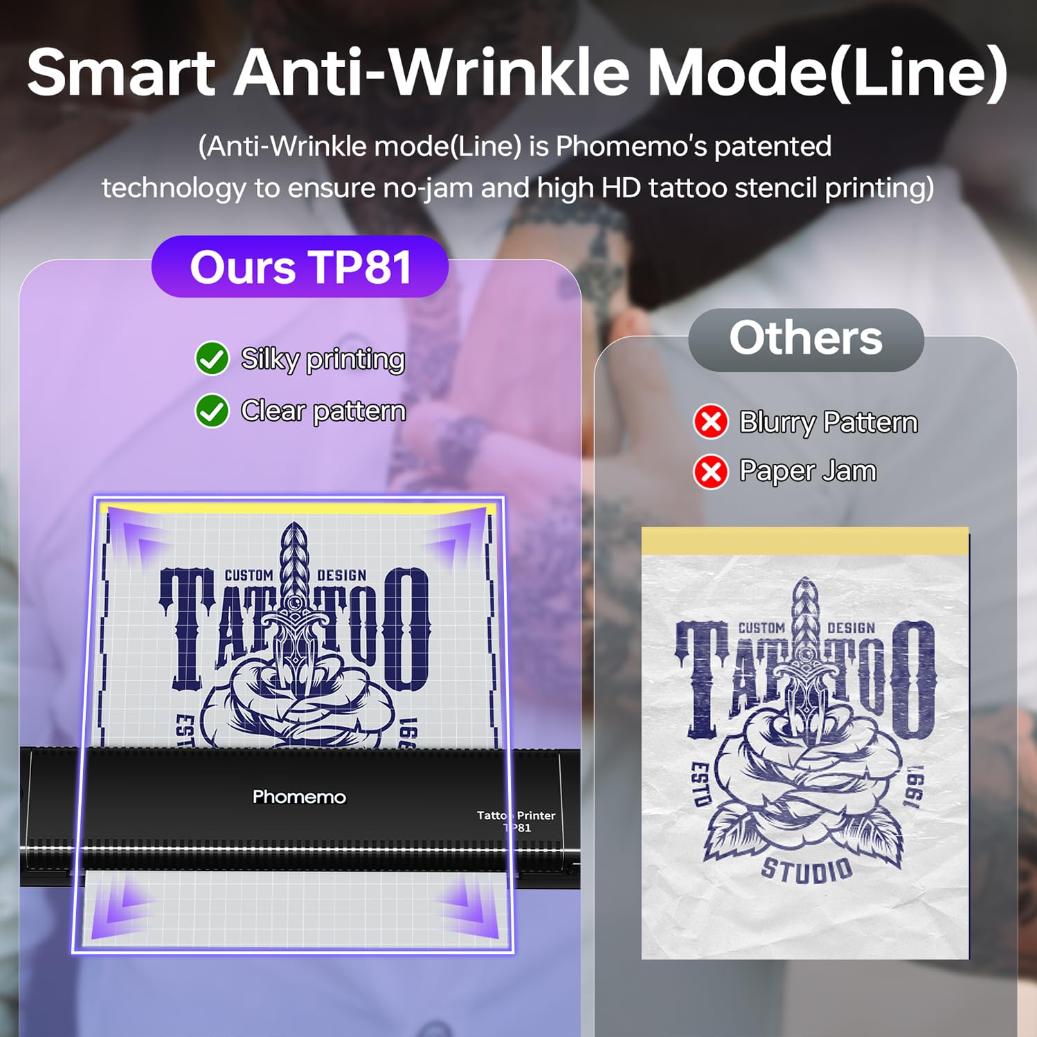 Phomemo Impresora de plantillas de tatuaje actualizada, TP81 impresora de tatuaje Bluetooth con 10 piezas de papel de transferencia, compatible con teléfono/tableta/PC, suministros de tatuaje para