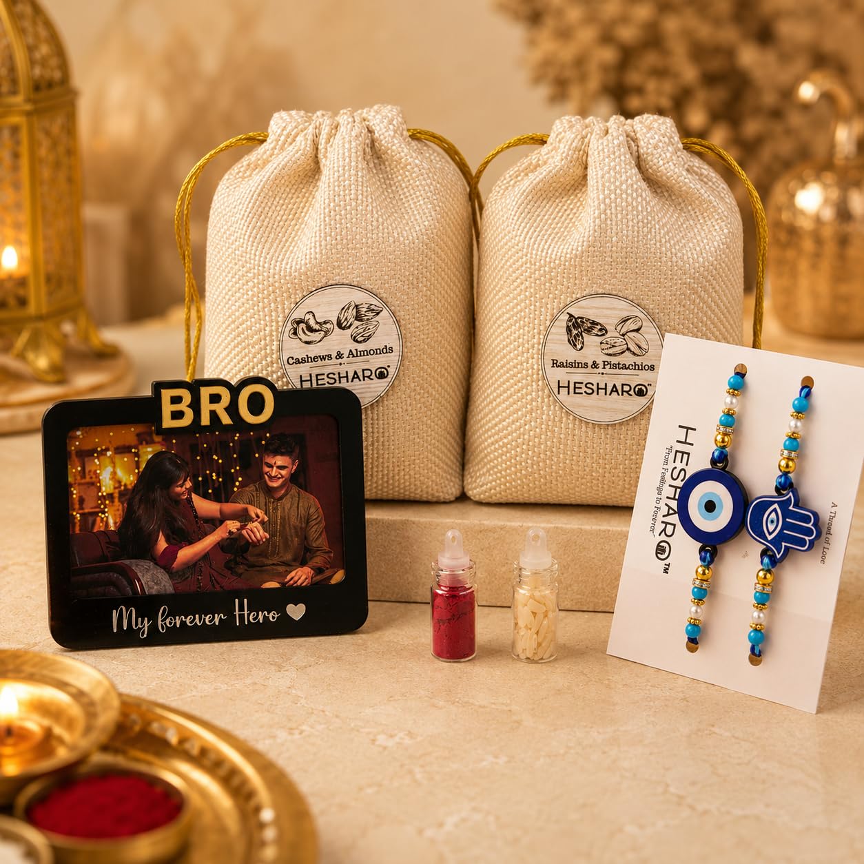 Personalized BRO Fridge Magnet with 2 Evil Eye Rakhis & Dry Fruit Gift Hamper for Brother | Custom Photo Acrylic Magnet with Stand | Raksha Bandhan Gift Combo | Rakhi Gift Combo-image-1