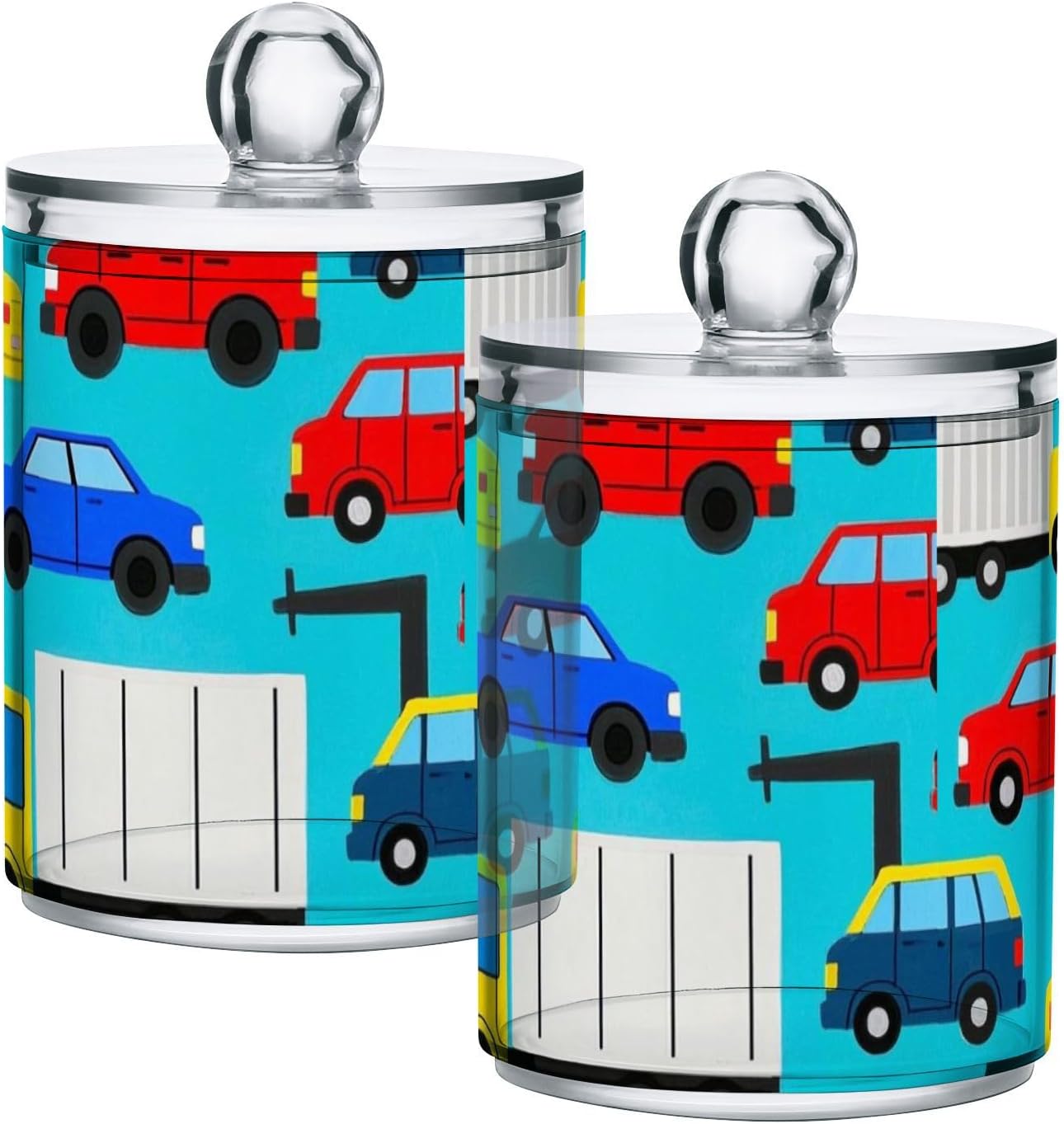 Cartoon Car Colorful Clear Plastic storage containers with lid Office Essentials Decorative small storage bins for Cotton Swabs,Cotton Pads,Floss Picks,Paper Clips,Hair Clips 2 Pack