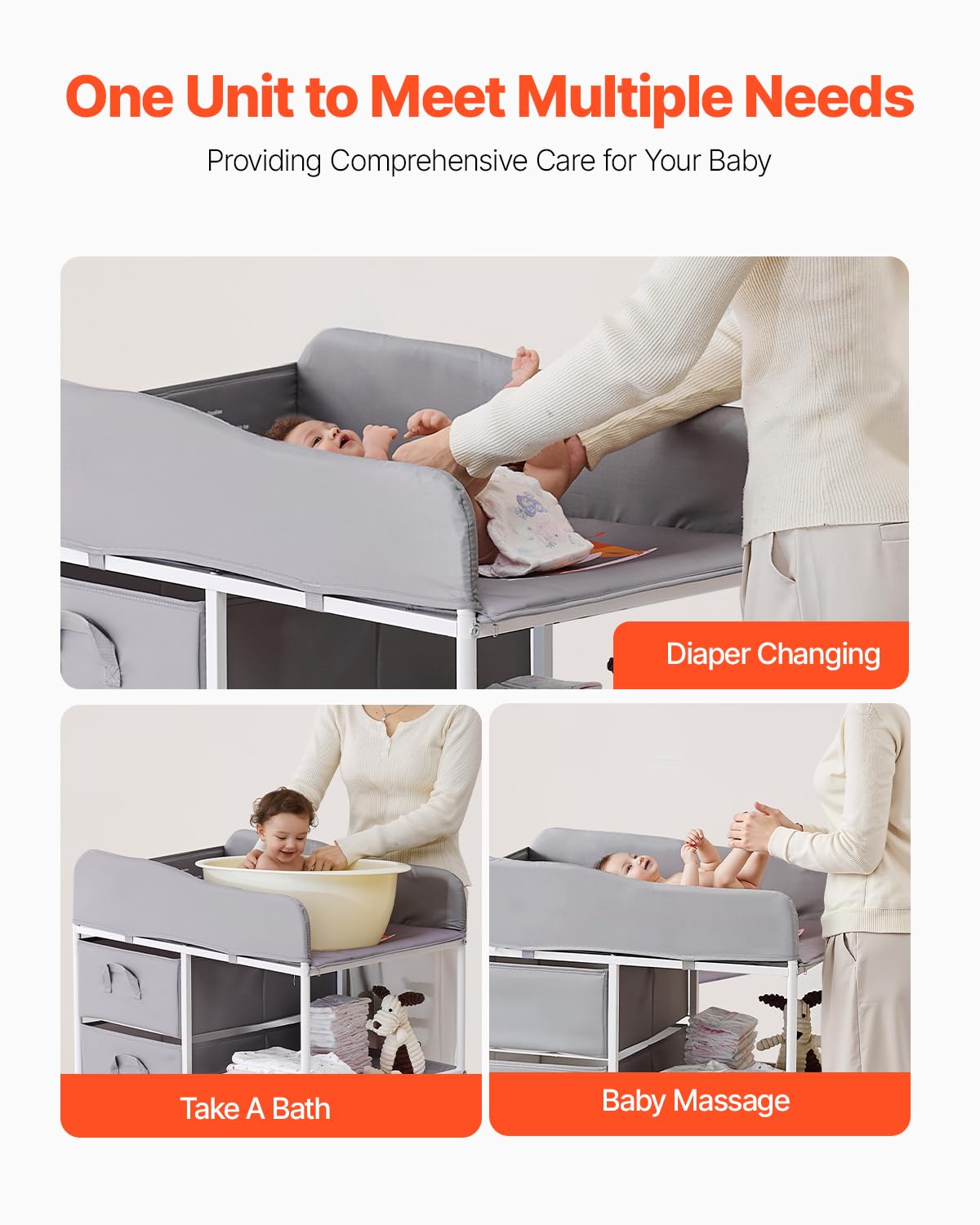 VEVOR Table à Langer Portable, Plan à Langer avec 3 Tiroirs en Tissu et Roulettes Verrouillables, Meuble pour Bébés Multifonctionnel avec Rangement, Hauteur Réglable, pour Chambres d'Enfant, Gris