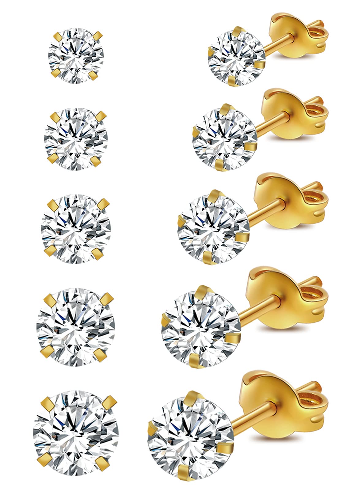 iLoveyPendientes de plata para mujer, 5 pares de pendientes hipoalergénicos, de acero quirúrgico, para mujeres, hombres, niñas, circonitas, pendientes de cartílago, pendientes (redondos/dorados),