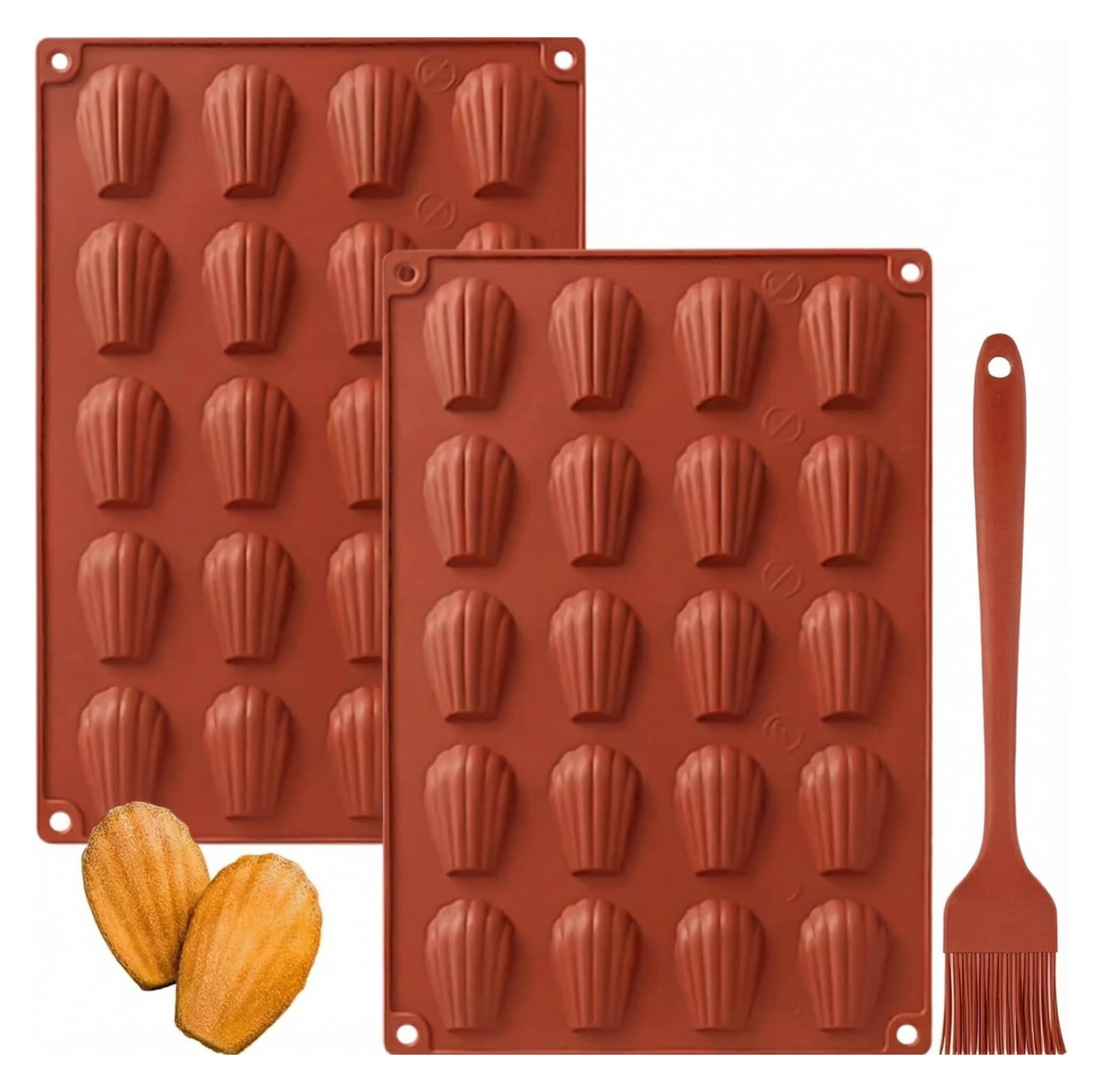YXHZVON Madeleine - Moldes para hornear (2 unidades, silicona, 20 cavidades con 1 cepillo de silicona, moldes de chocolate, sin BPA, para mini pasteles de chocolate, color rojo)