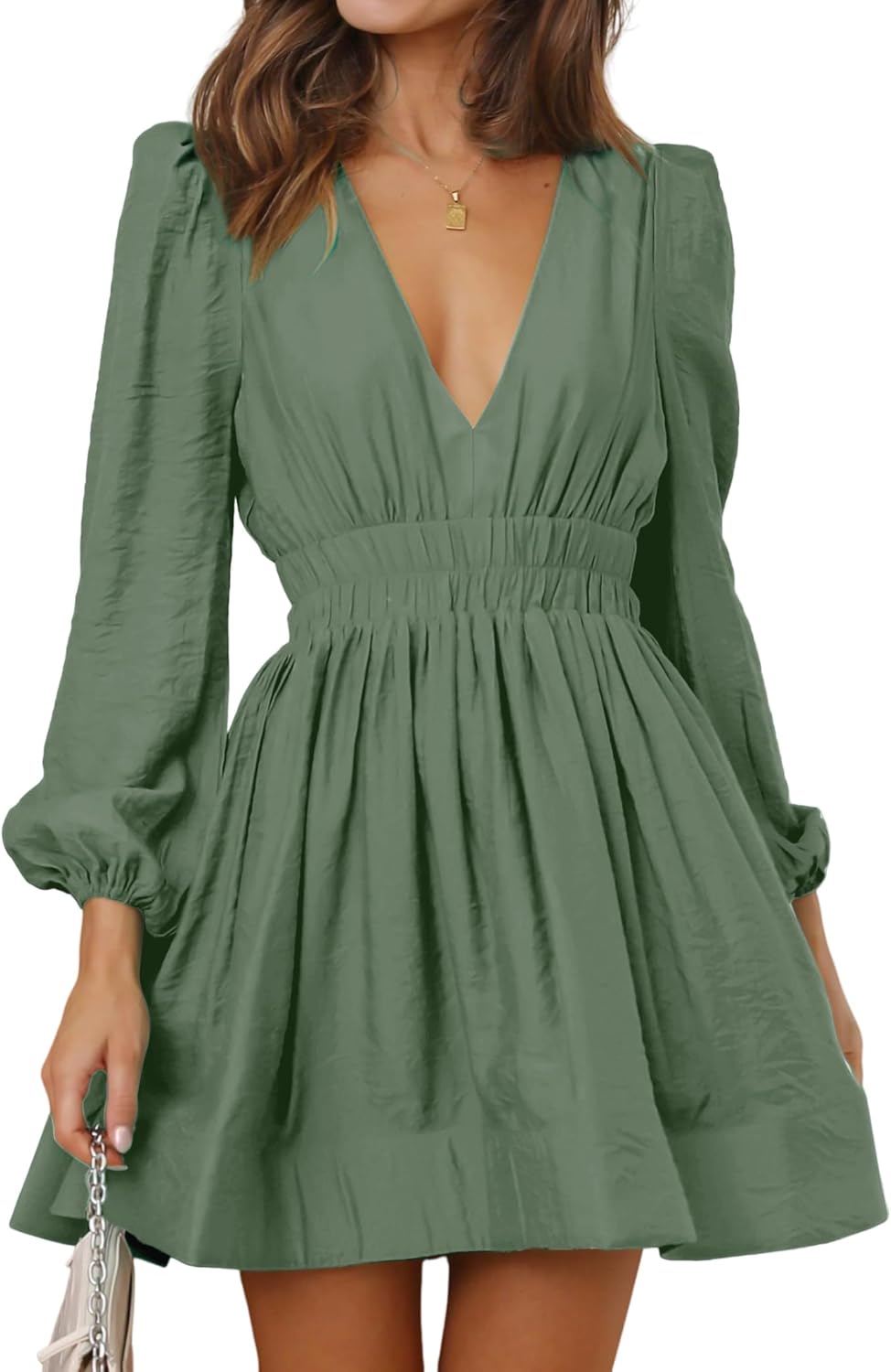 FAIABLE Mini Deep V Sexy Long Sleeve Dress for Women A-line High Waisted Casual Flowy Dress for Cocktail Wedding Guest