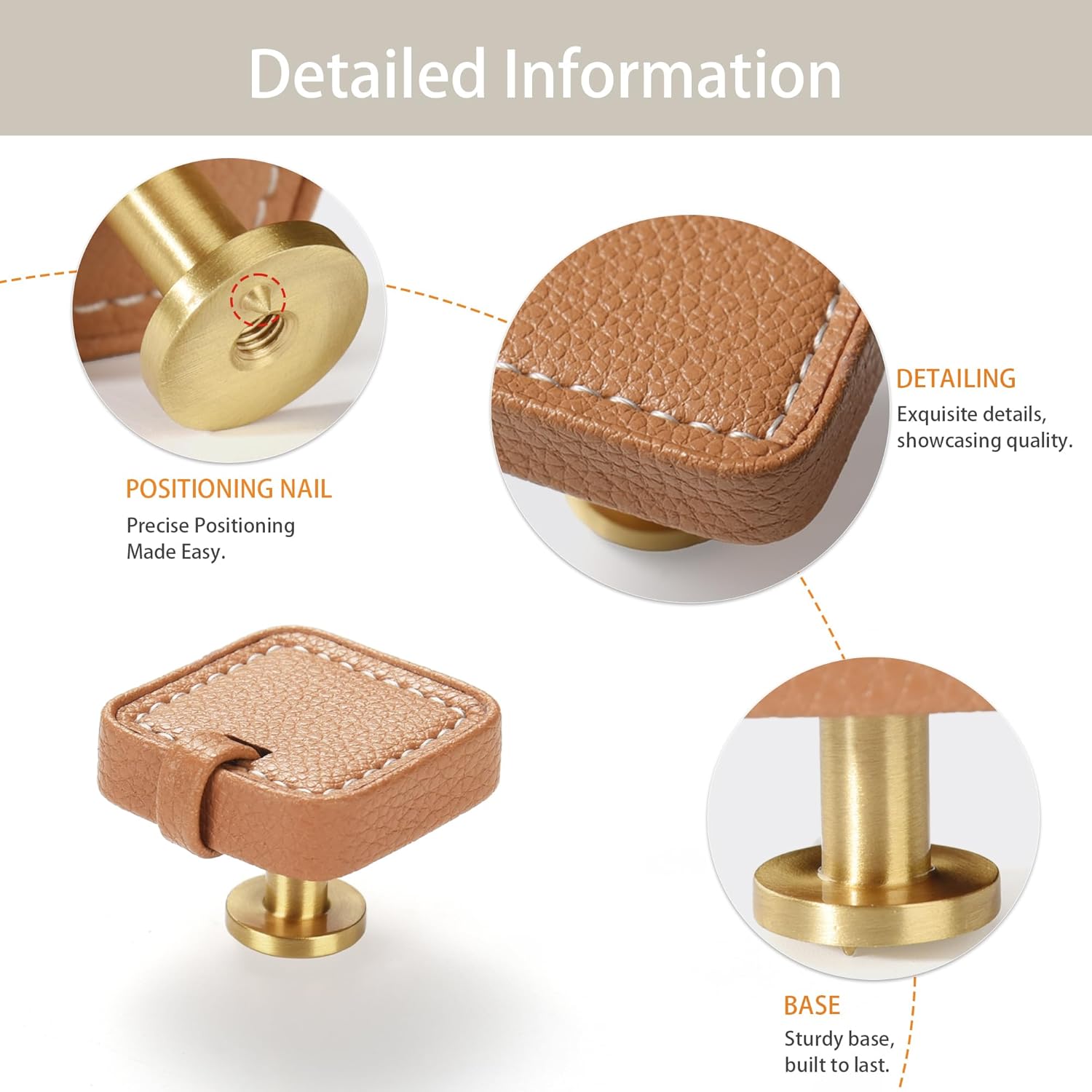 Satanga Kitchen Leather Cabinet Drawer Dresser Knobs Pack of 4 Khaki Brass Square Cupboard Door Bathroom Handles Furniture Wardrobe Hardware One Single Hole Diameter 1 2/5 Inch with Screws Modern