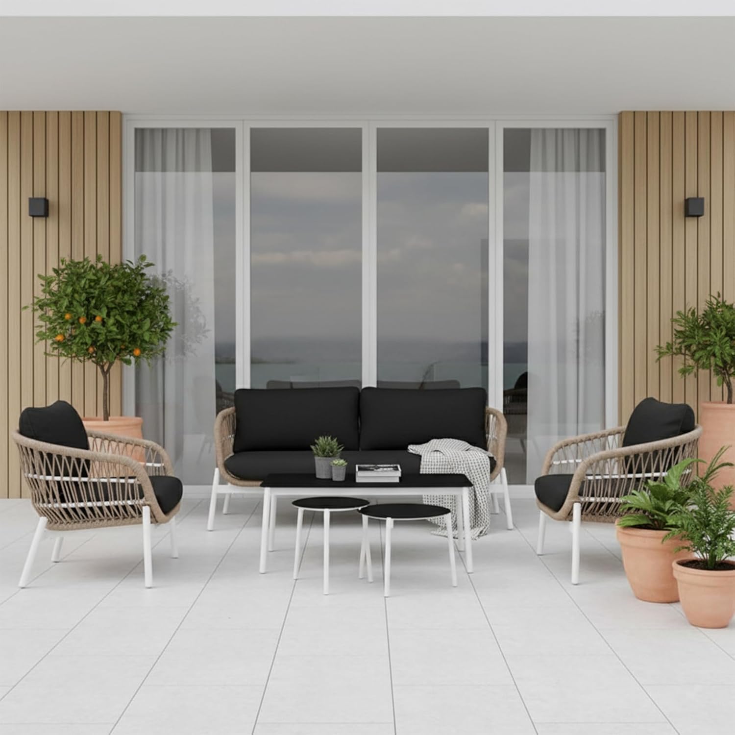 UF Outdoor 4 Seater Sofa Set with Center Table, Rattan Wicker Patio Furniture Conversation Set, Black Cushions, Braid and Rope Garden Balcony Furniture (Tan White)-image-42