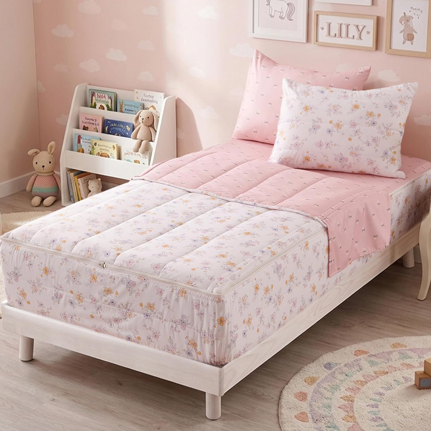 Kids Comforter Sets Floral Printed Zipper Bedding Sets for Girls, 3pcs Pink All in one Bed in a Bag, Easy to Make and Wash Includes Fitted Sheet and Pillow Sham, Twin