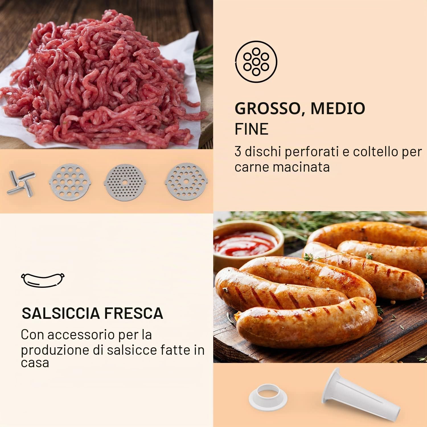Klarstein Mighty Mince - Tritacarne Elettrico, Potenza da 500 a 1361 W, Tritacarne con Accessori per Insaccati, Kebbe e Salse, Trita Carne Multifunzionale, Passapomodoro, Bianco