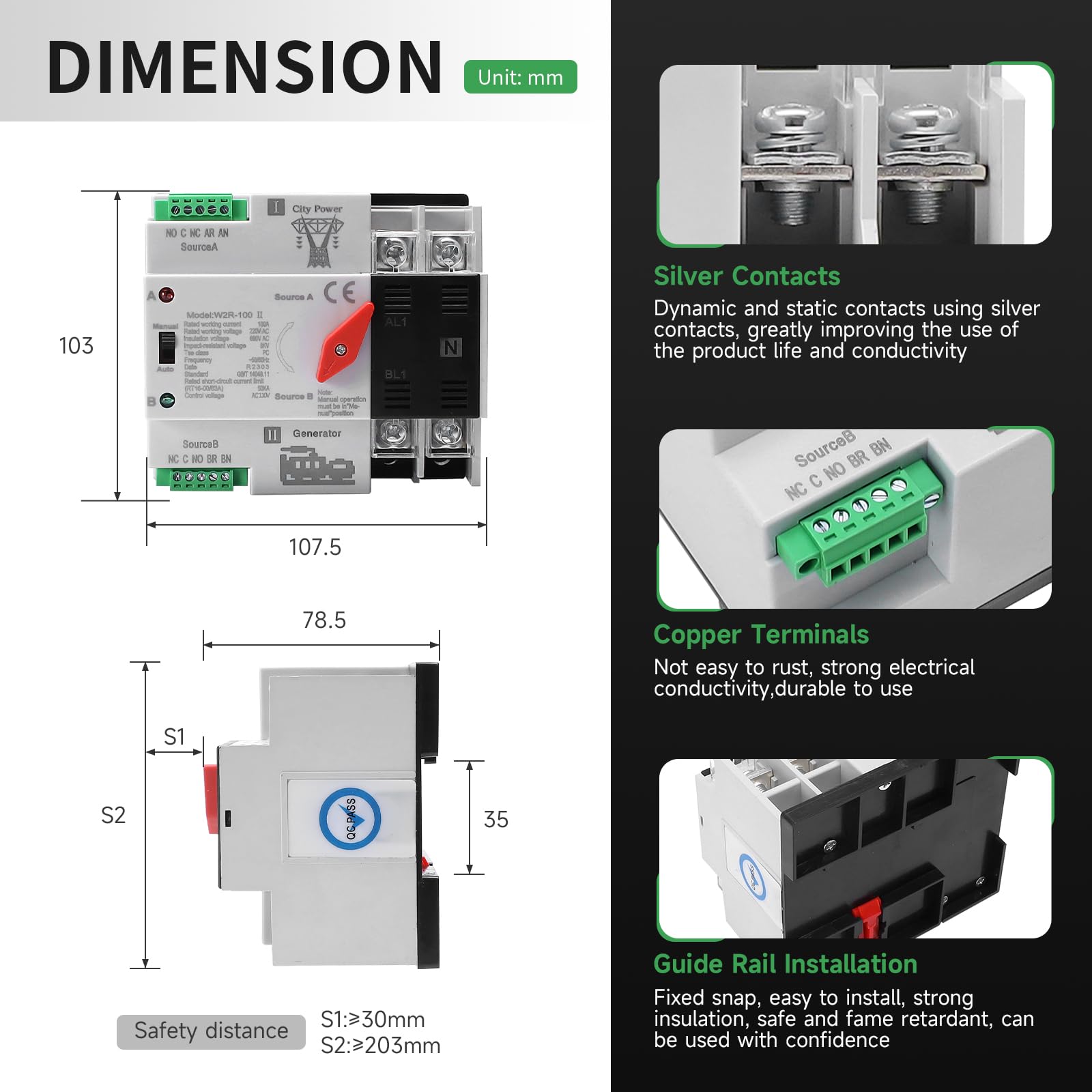 ATS Interruptor Fotovoltaico AC 100A Interruptor Solar Automático Trasferimento W2R 2P 220V Doble Alimentación Adecuada Para UPS Industriales Y Domésticas