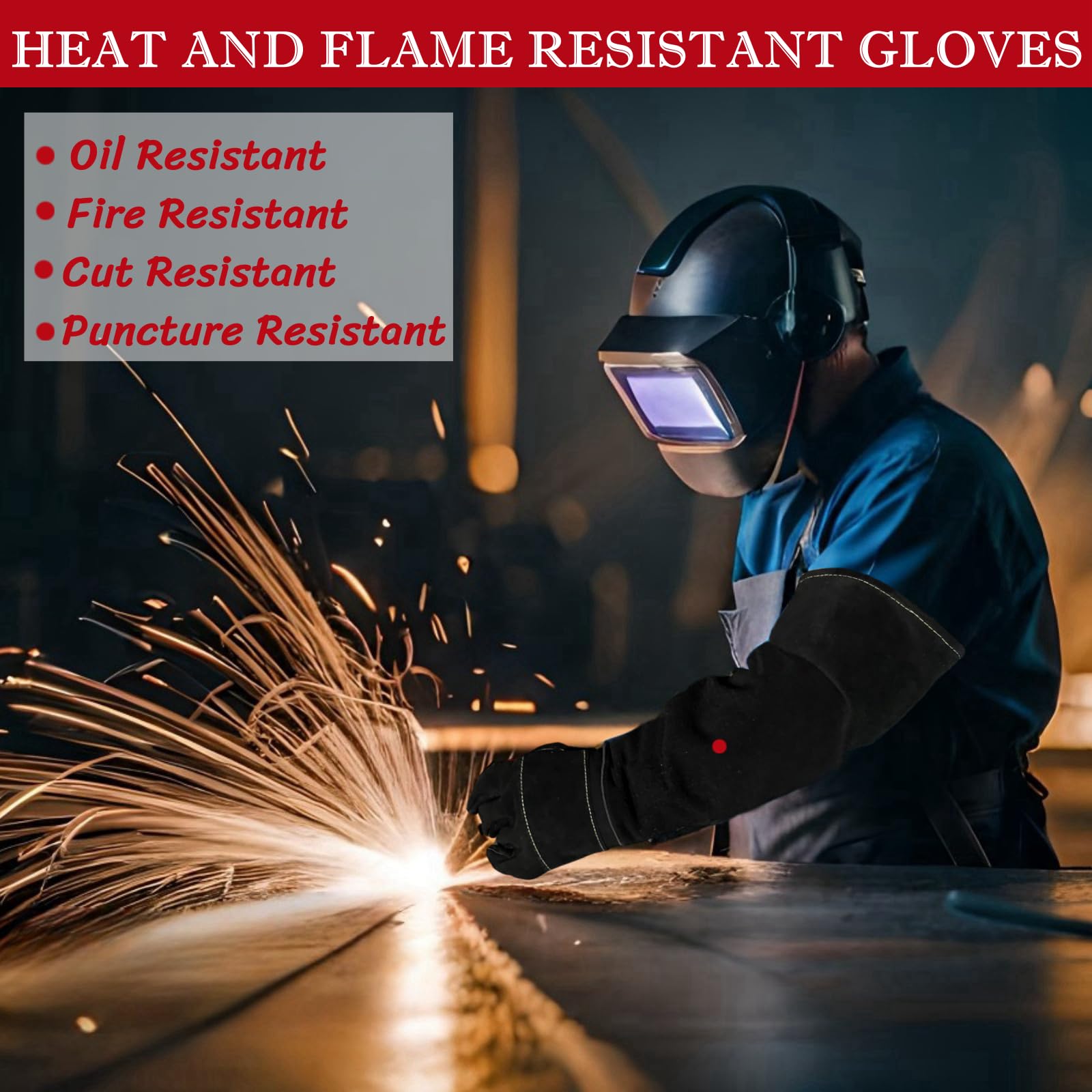 BLIRITEL Gants de soudeur à manches longues résistants à la chaleur en cuir résistant au feu pour Mig, Tig, Stick, forge, barbecue, cheminée, gants résistants aux morsures - Cadeaux pour hommes, papa