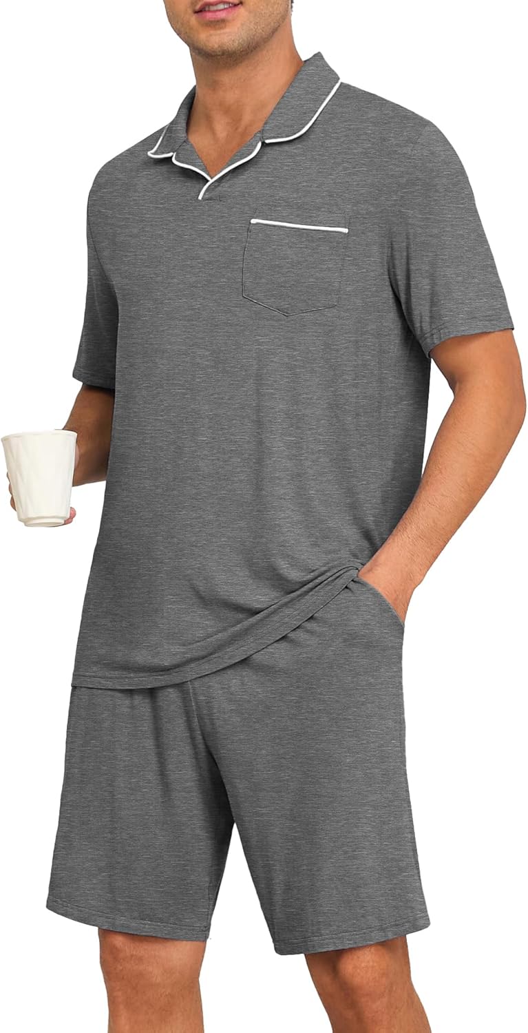 PrinStory Mens Pajamas Set Summer Pjs Sets Lightweight Short Sleeve Pajama Soft Sleepwear Loungewear with Pockets