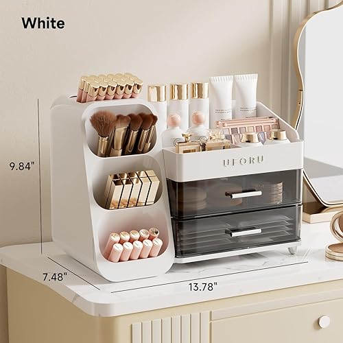 Miniatura 8 de Organizador de maquillaje para tocador con soporte para pinceles, organizador de cuidado de la piel de encimera con 2 cajones, espaciosa vitrina de