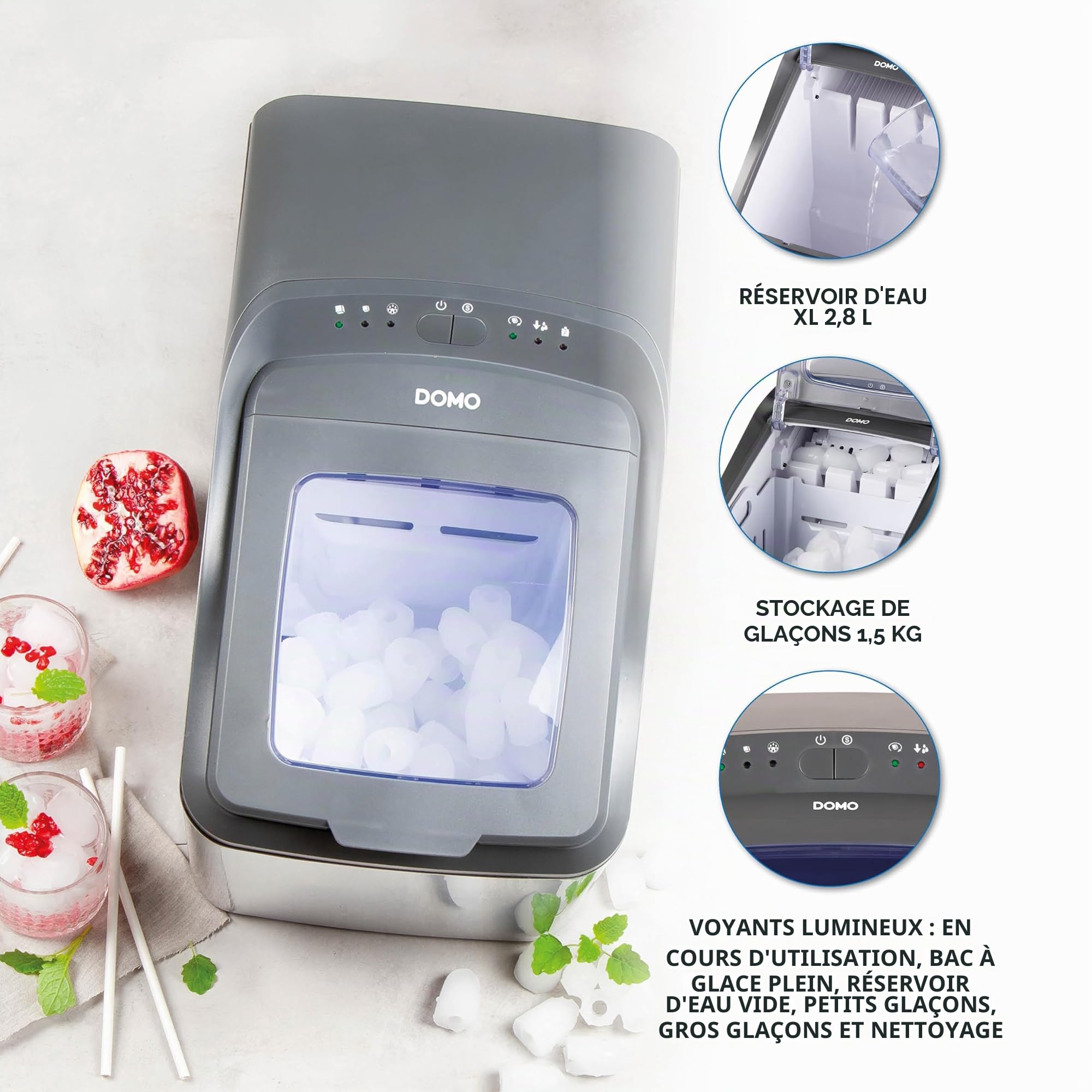 DOMO DO9247IB Machine à Glaçons Automatique 15 kg/24h – Réservoir 2,8 L – Machine à glaçons autonettoyante – Petite machine à glaçons pour Cuisine et Home-Bar